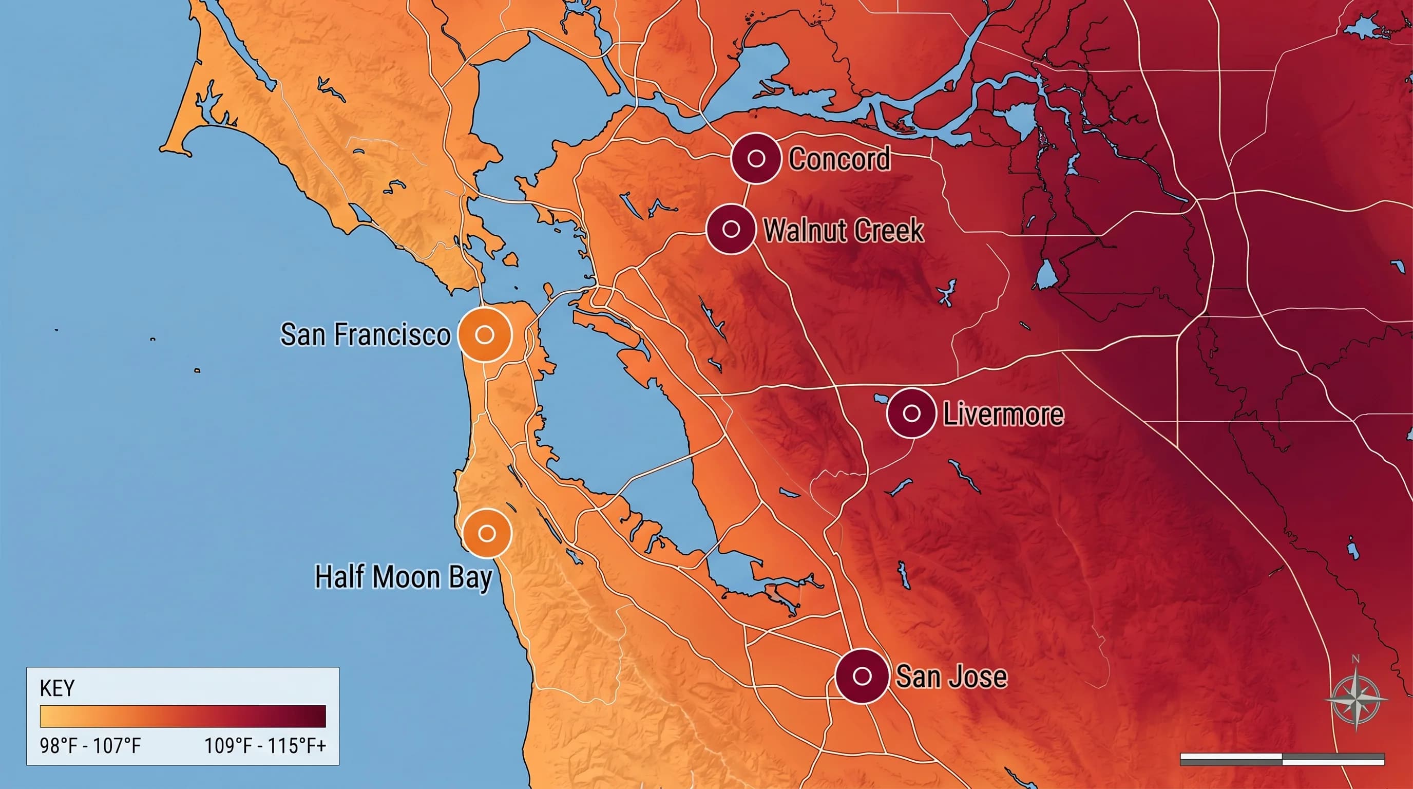 Bay Area temperature extremes map showing coastal versus inland all-time highs, with San Francisco 107°F and inland East Bay cities above 115°F marked