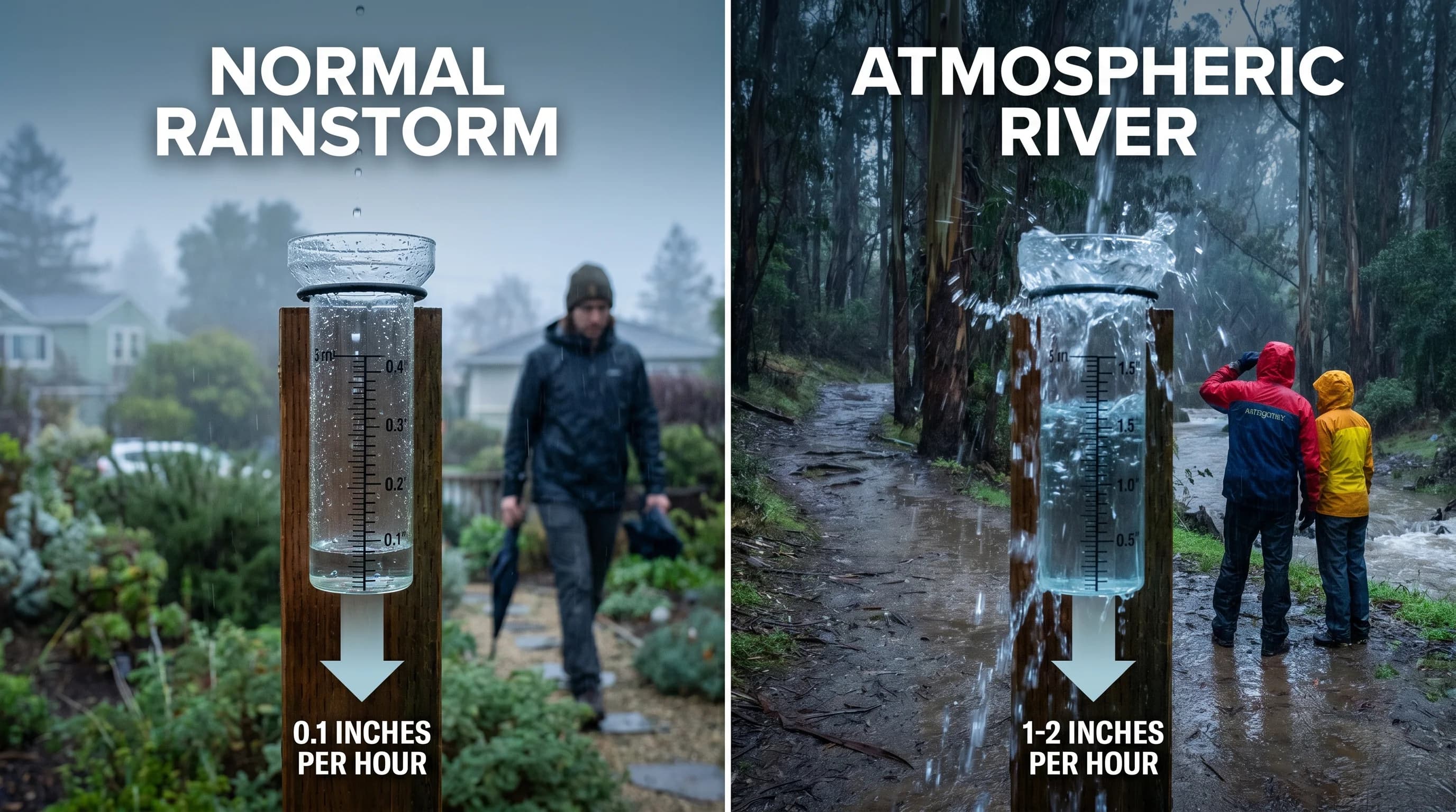 Diagram showing how atmospheric rivers form and transport moisture from tropics toward California