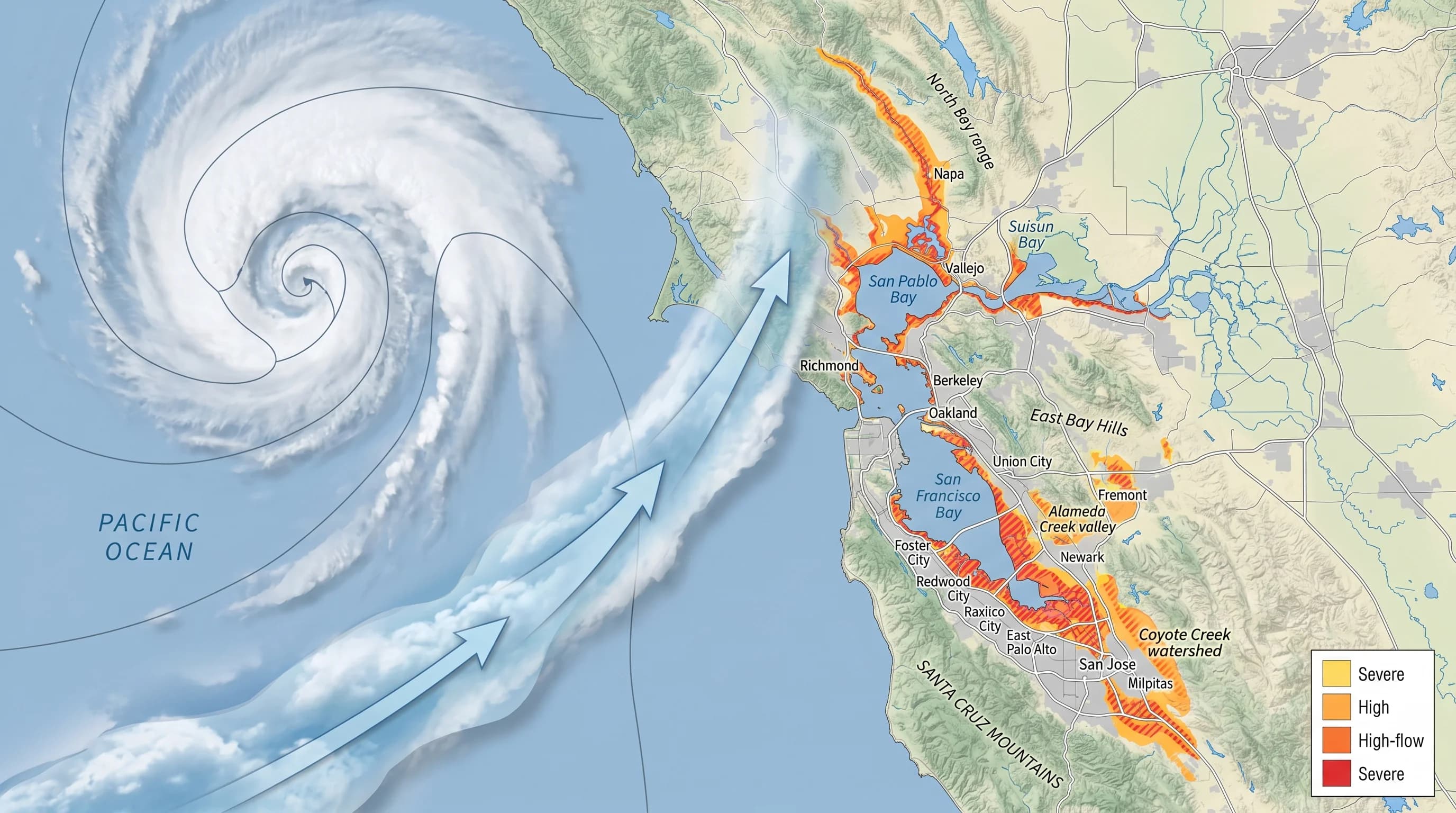 Map of San Francisco Bay Area showing communities at elevated flood risk from atmospheric rivers