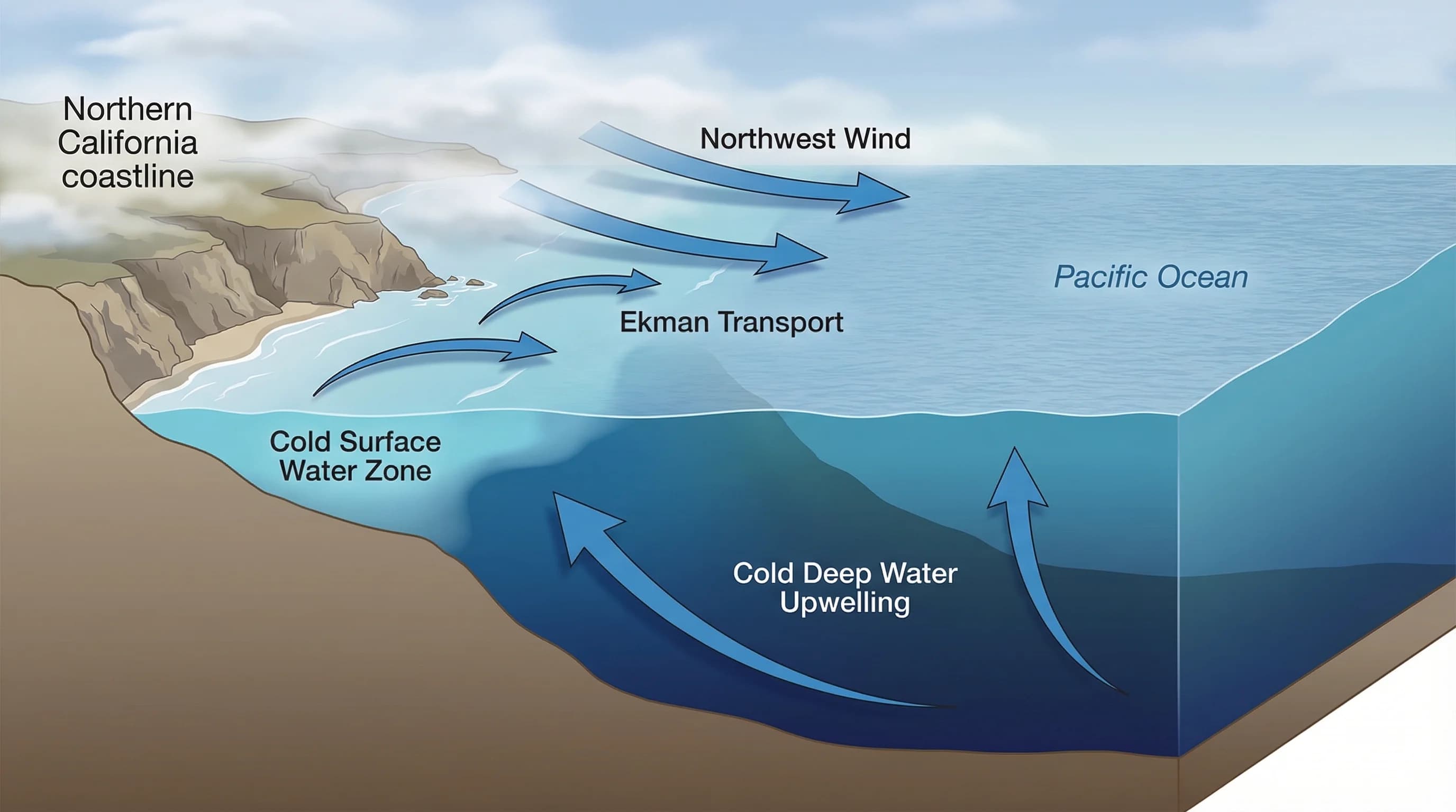 Diagram showing California coastal upwelling: northwest winds, Ekman transport pushing surface water offshore, and cold deep water rising to replace it