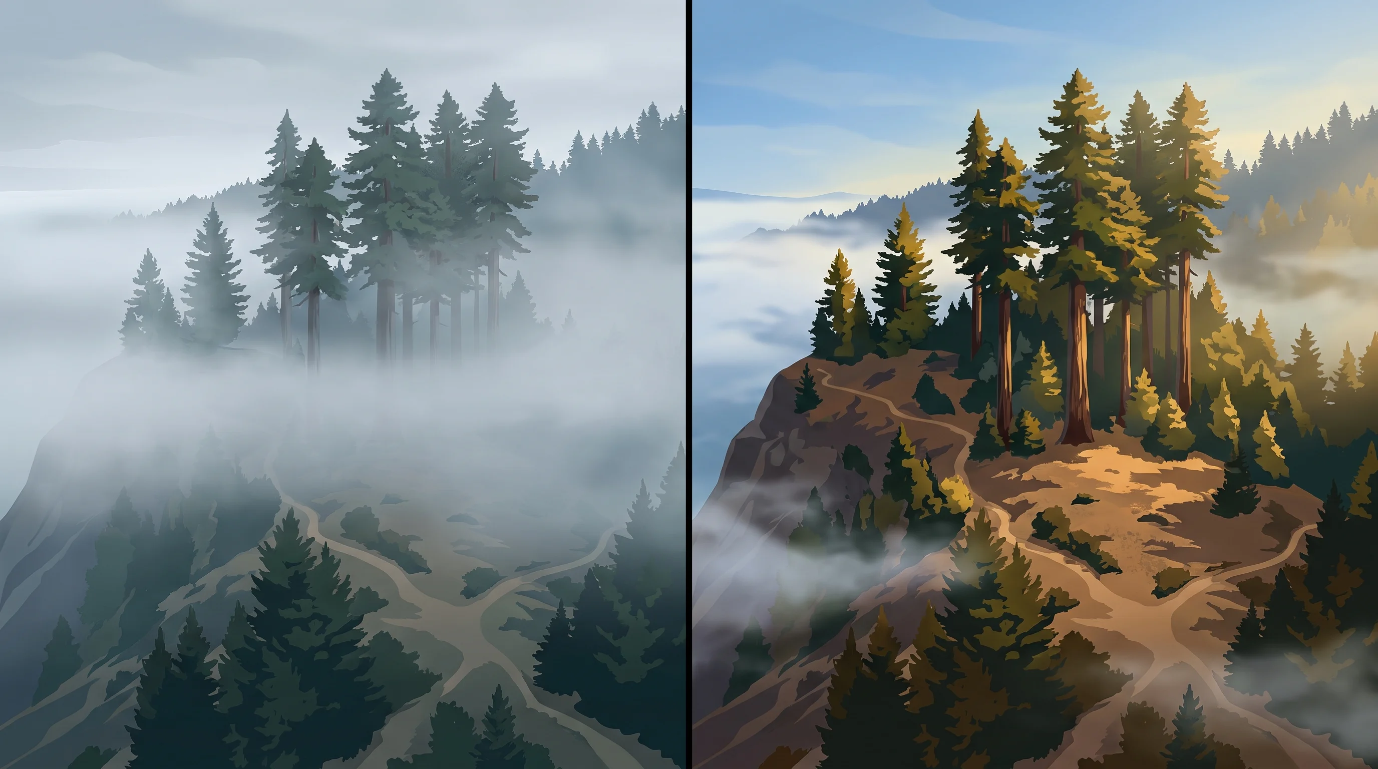 Conceptual comparison of deeper historical coastal fog and shallower, patchier fog in a recent period