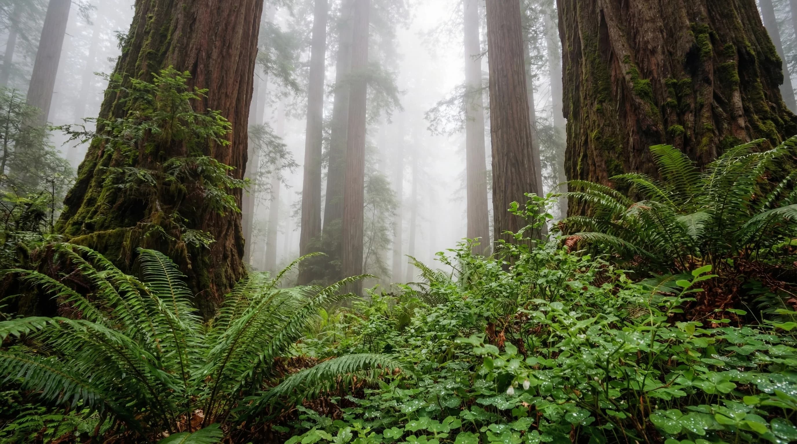 Coast redwood forest shrouded in coastal fog, showing the ecological dependence of redwood forests on summer marine layer moisture