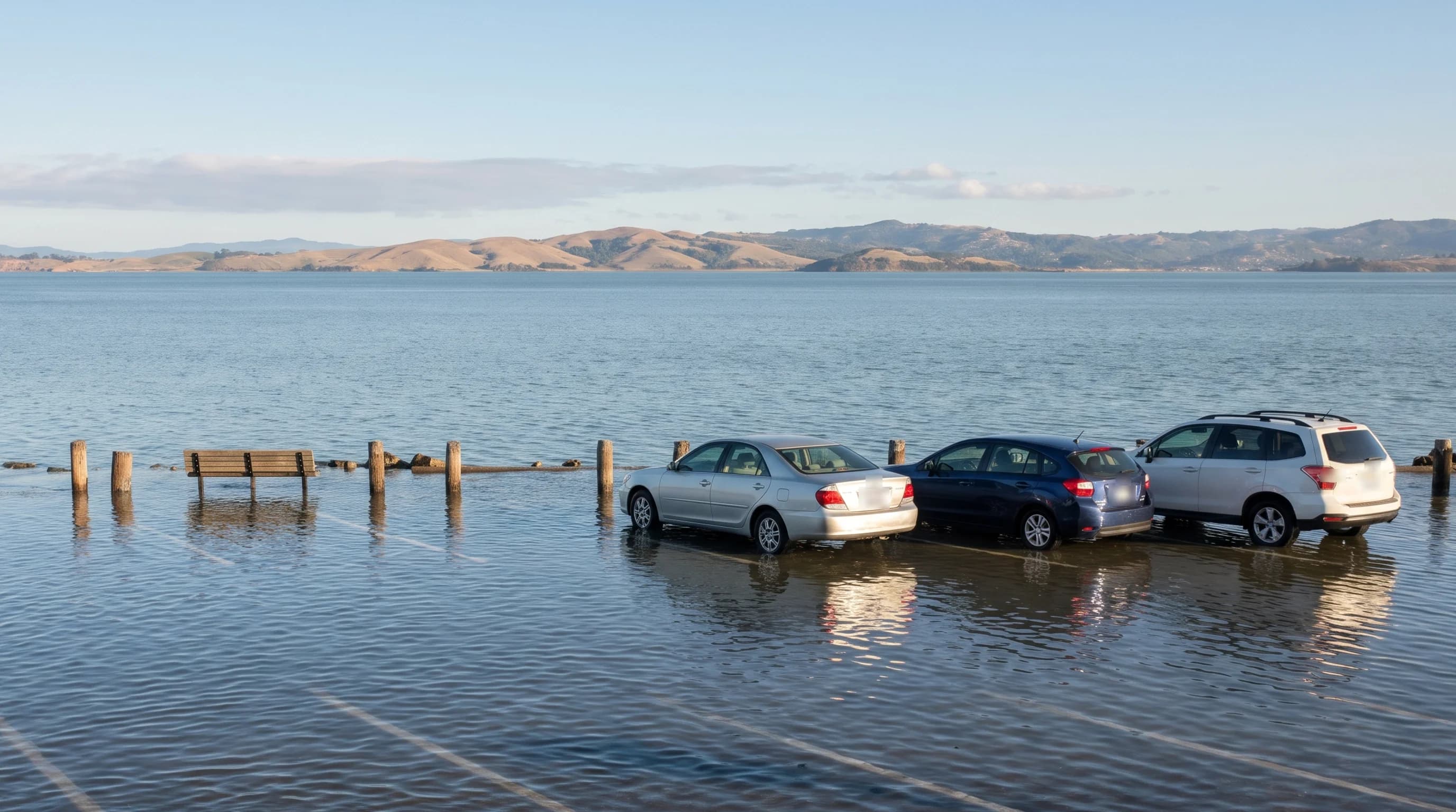 San Francisco Bay water spilling over a seawall and flooding a waterfront parking lot around parked cars on a sunny morning