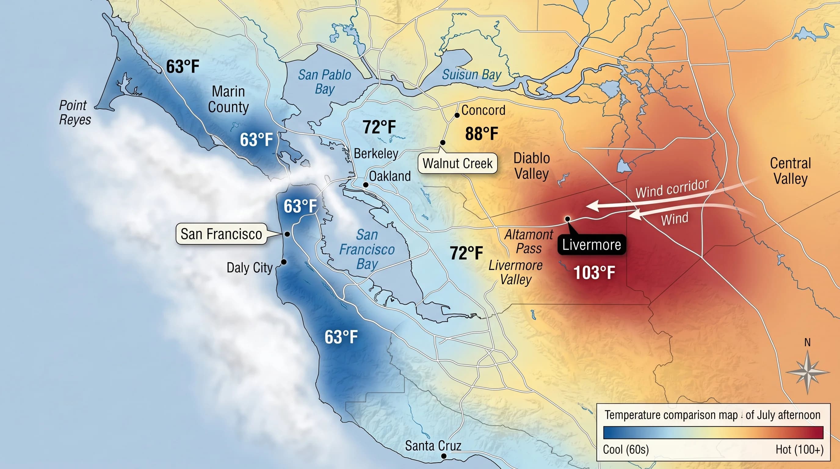 Temperature gradient map of the Bay Area showing Livermore at 100°F while San Francisco sits at 63°F on the same summer afternoon