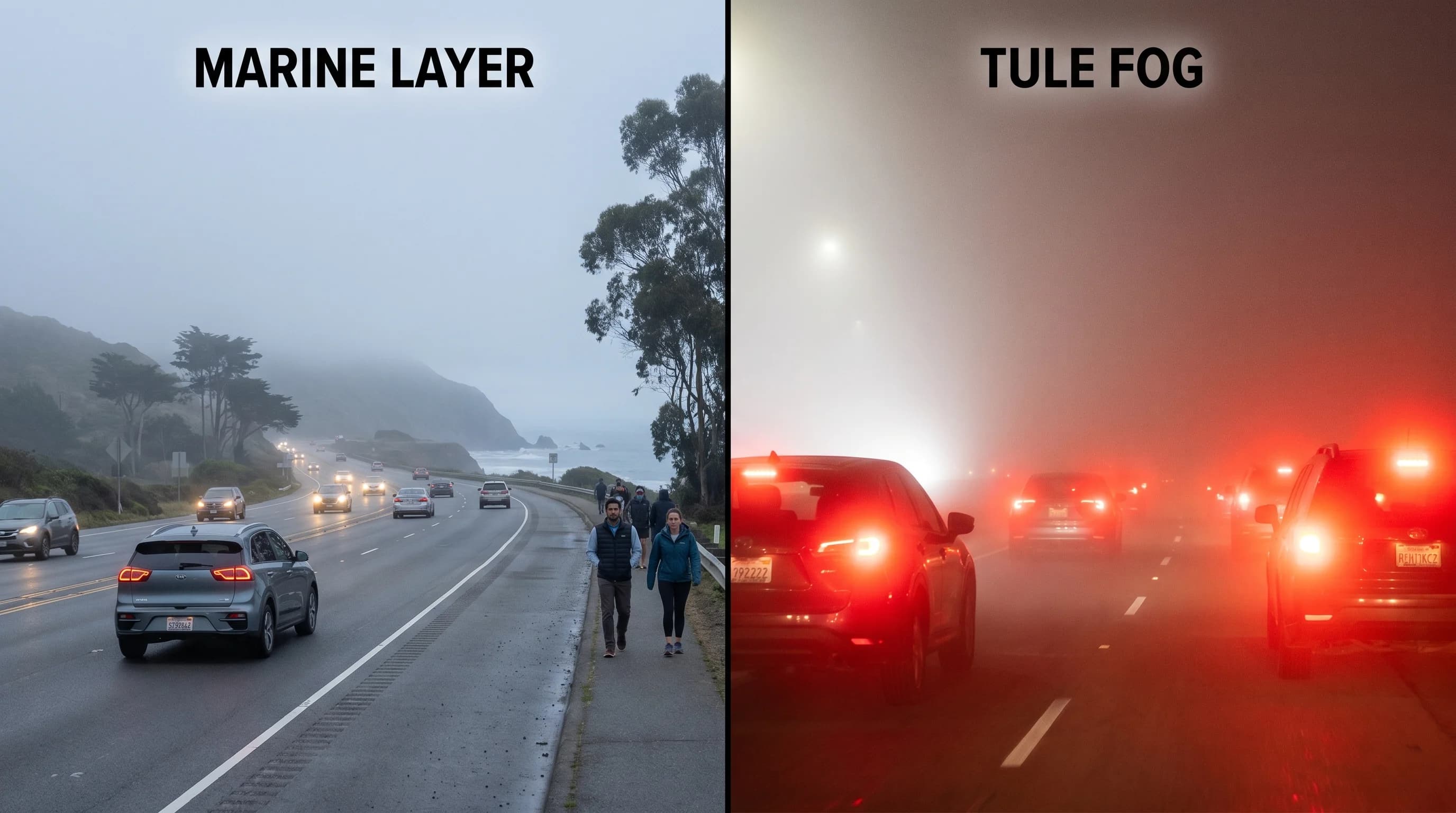Visibility comparison: marine fog (moderate) vs. tule fog (near-zero) on a California highway