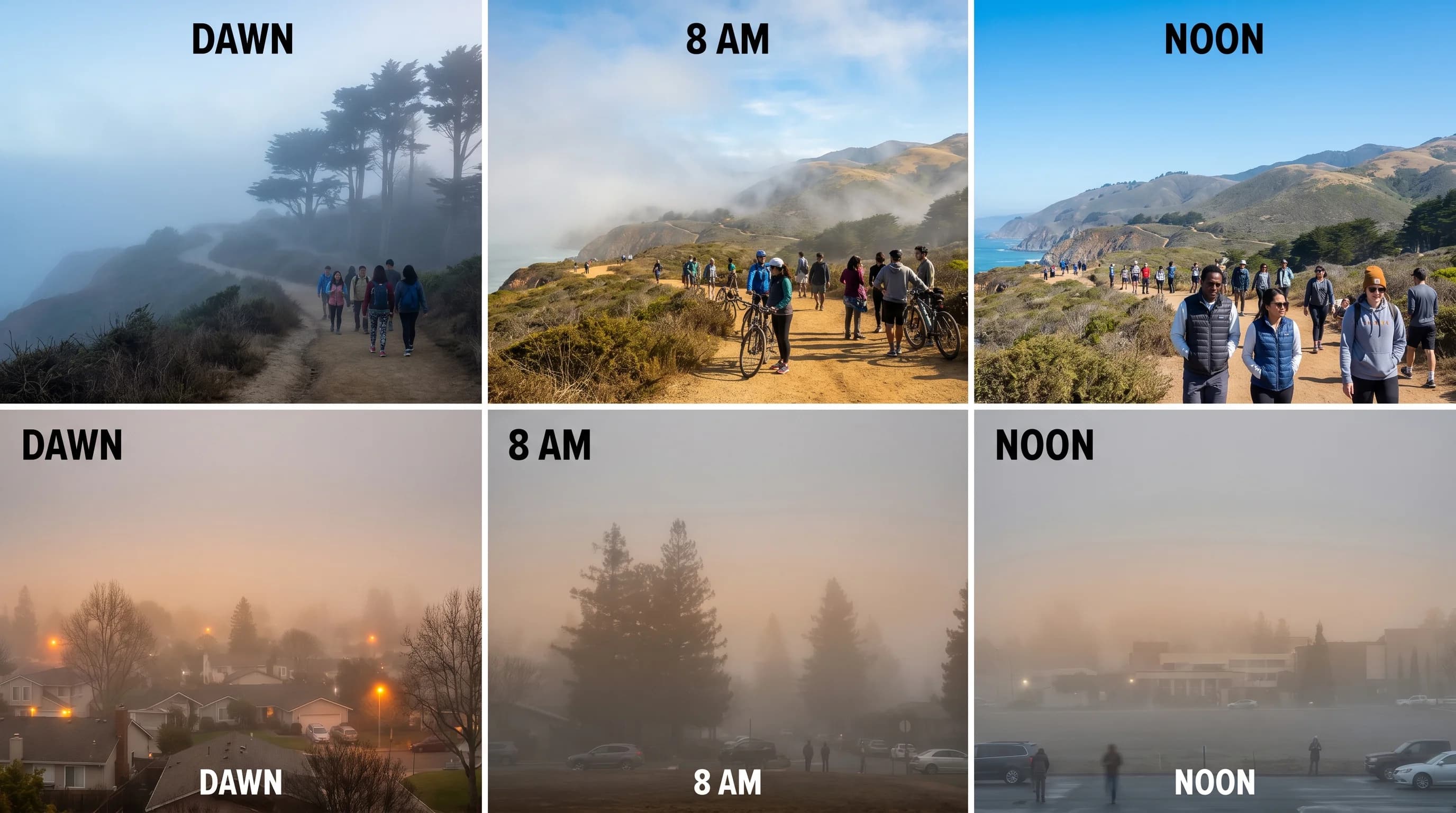How marine layer typically clears by noon while tule fog persists throughout the day