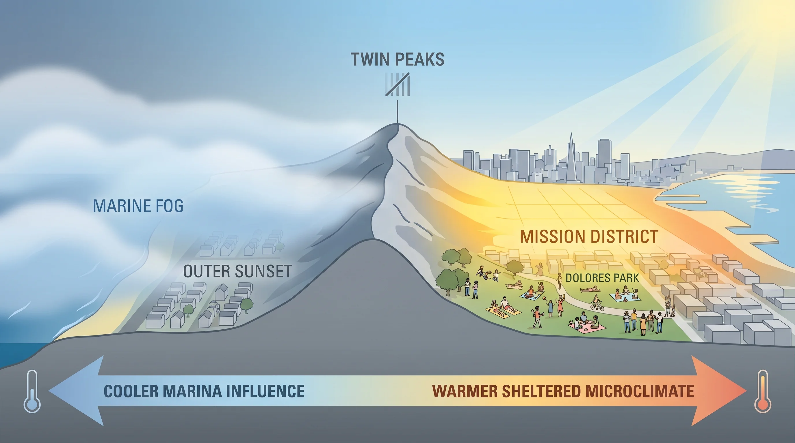 San Francisco neighborhood temperature map showing the Outer Sunset at 58°F under dense fog, and the Mission District at 68°F in sunshine, with Twin Peaks as the dividing barrier