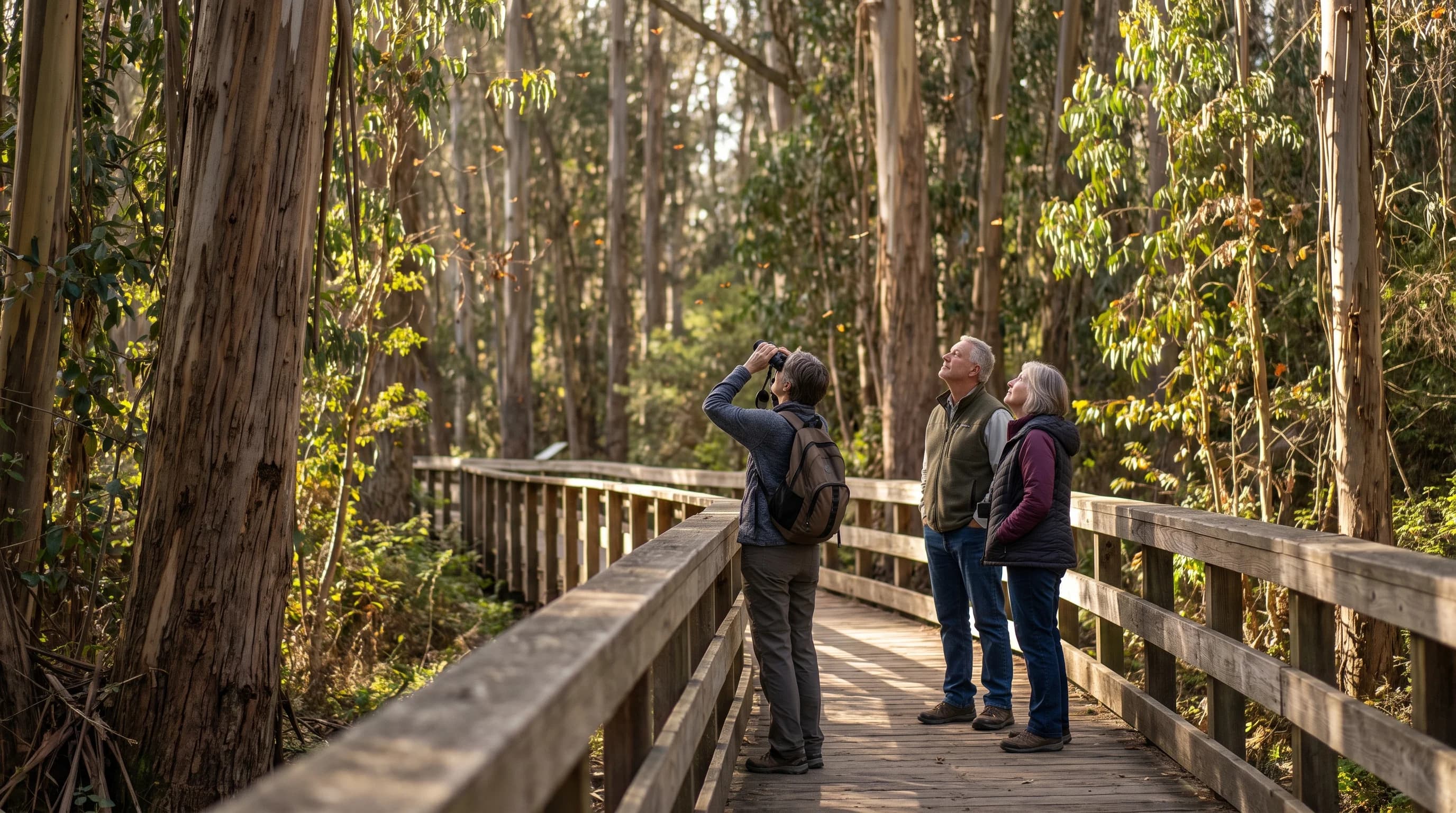 Visitors on a wooden boardwalk in a eucalyptus grove look up at monarch clusters with binoculars