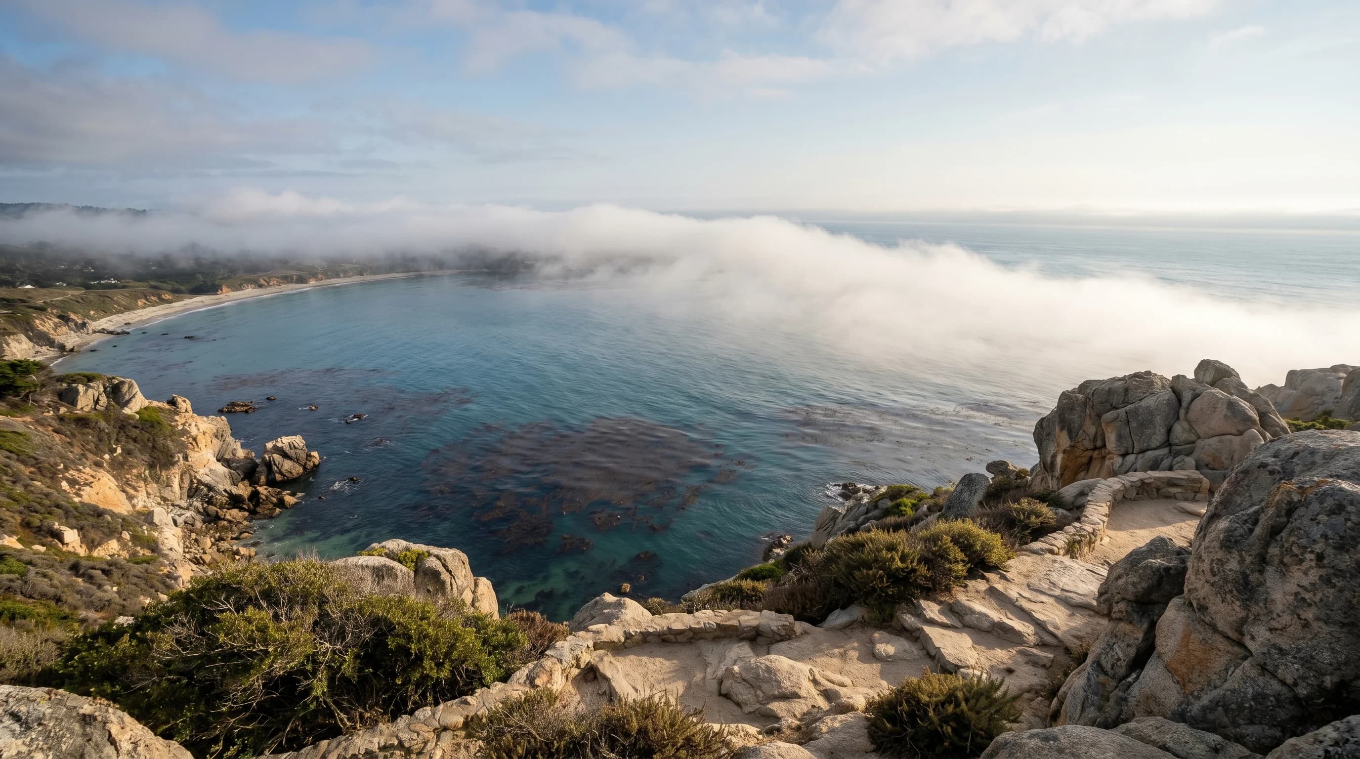 Scientific illustration explaining Monterey Weather: Coastal Microclimate at the Bay's Southern Edge
