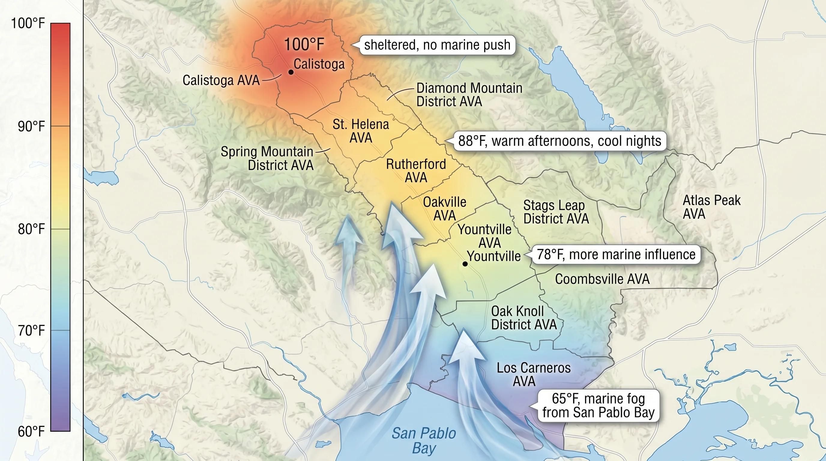 Map of Napa and Sonoma valleys showing the north-to-south temperature gradient from hot Calistoga to cool fog-influenced Carneros near the Bay