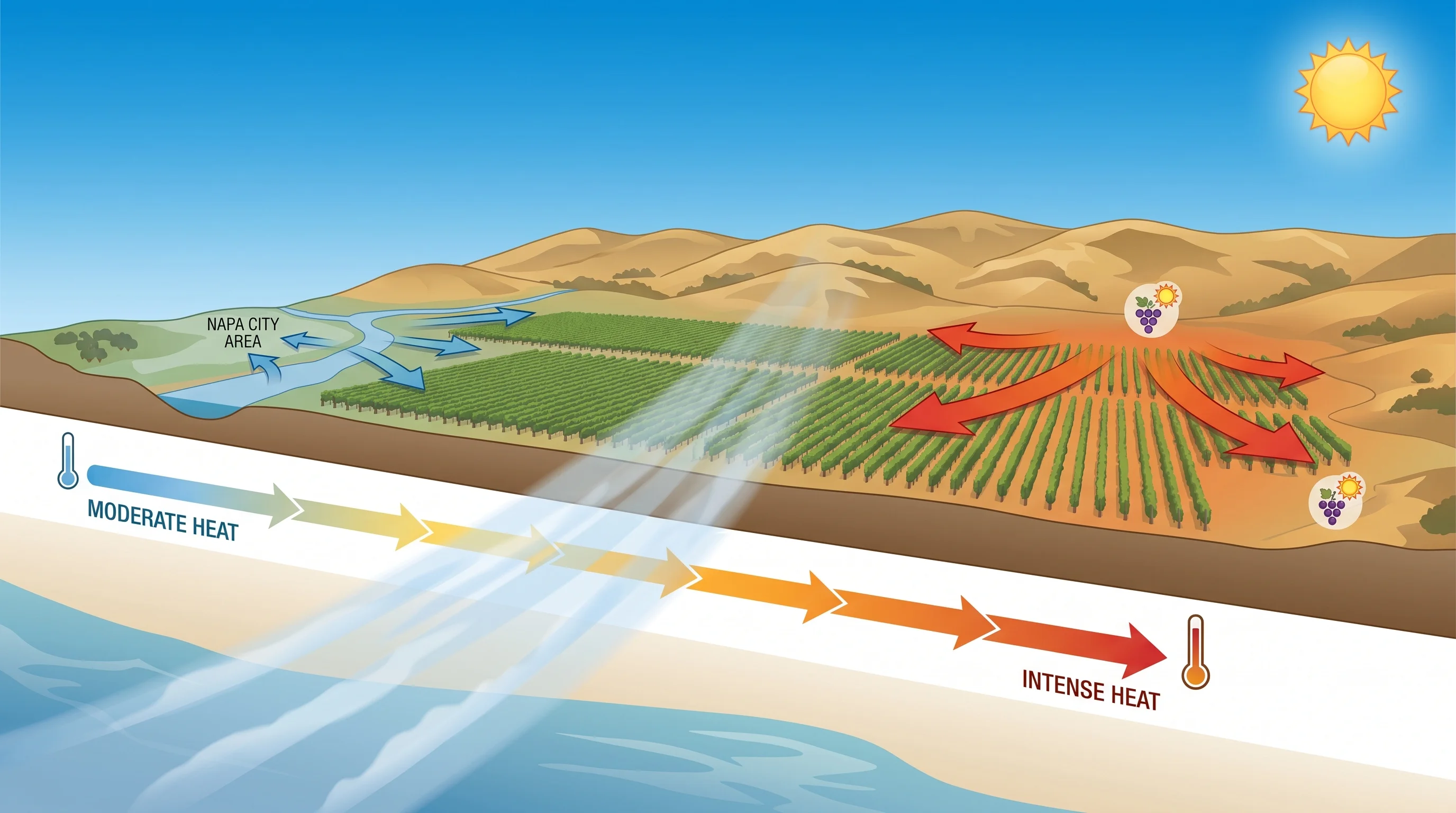 Napa Valley vineyards in summer with golden hills and clear blue sky