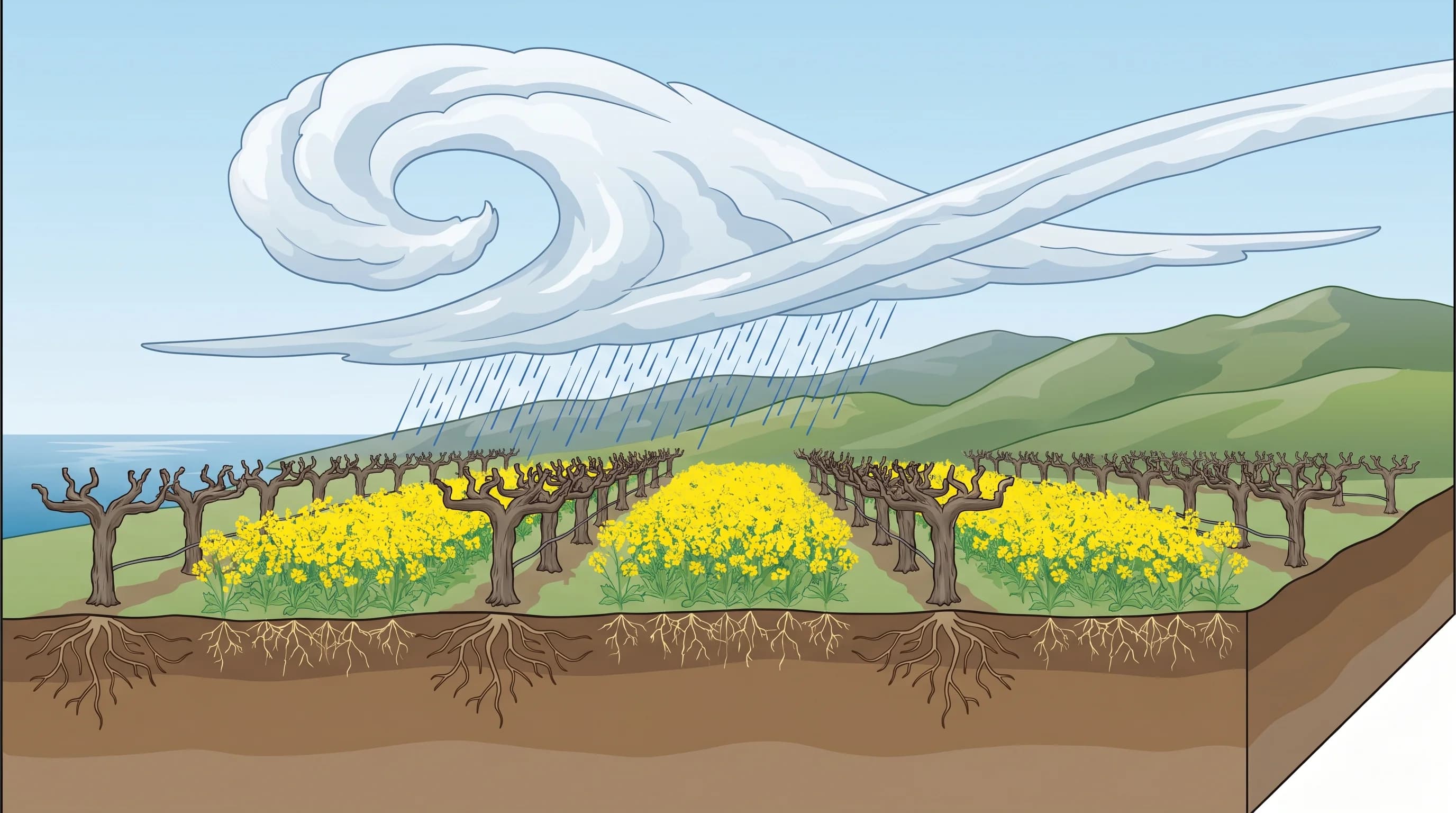 Napa Valley vineyard rows with bright yellow mustard flowers blooming in March, green hills in background