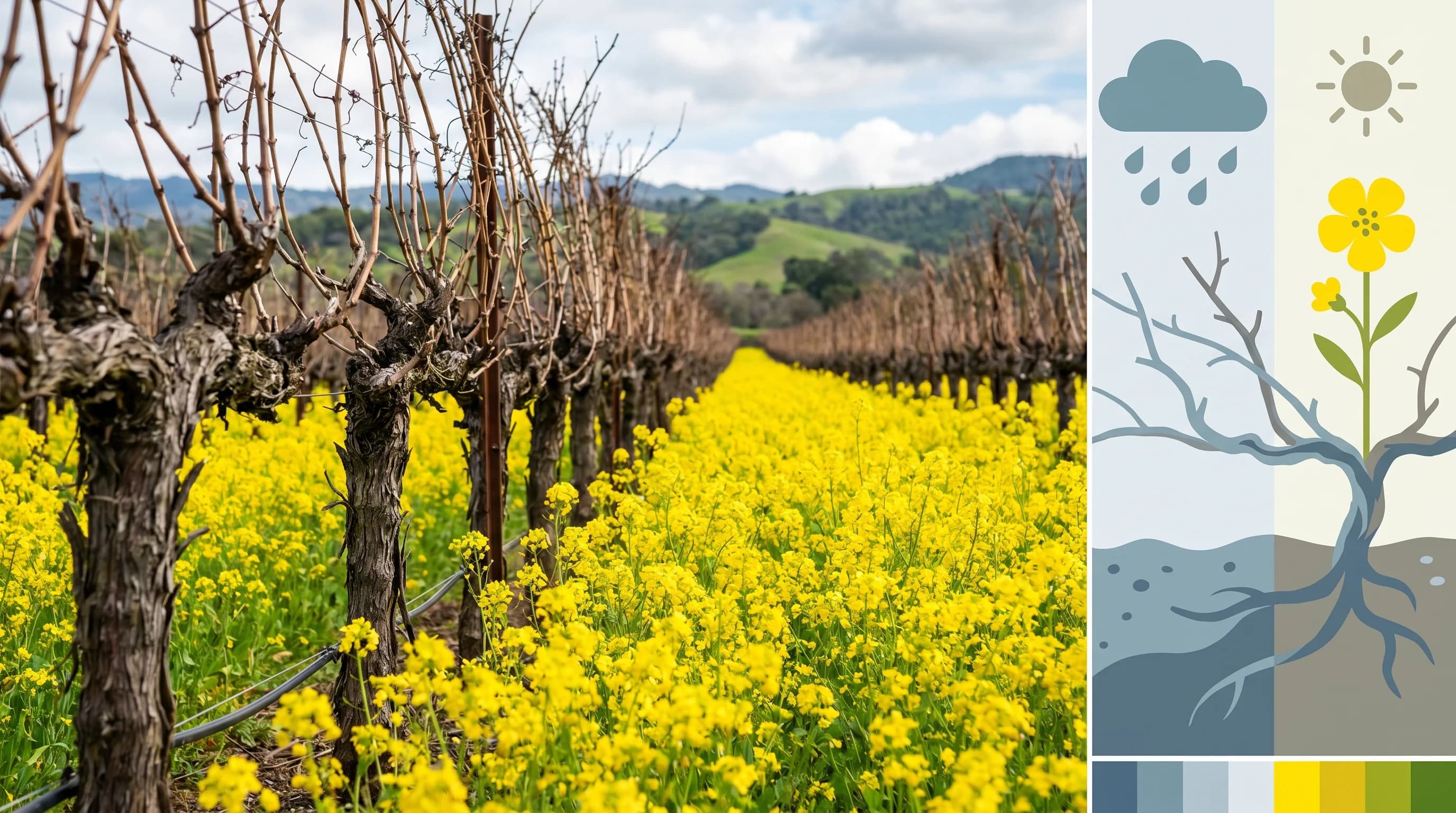 Scientific illustration explaining Napa Valley Weather in March: Mustard Season and Spring Rain
