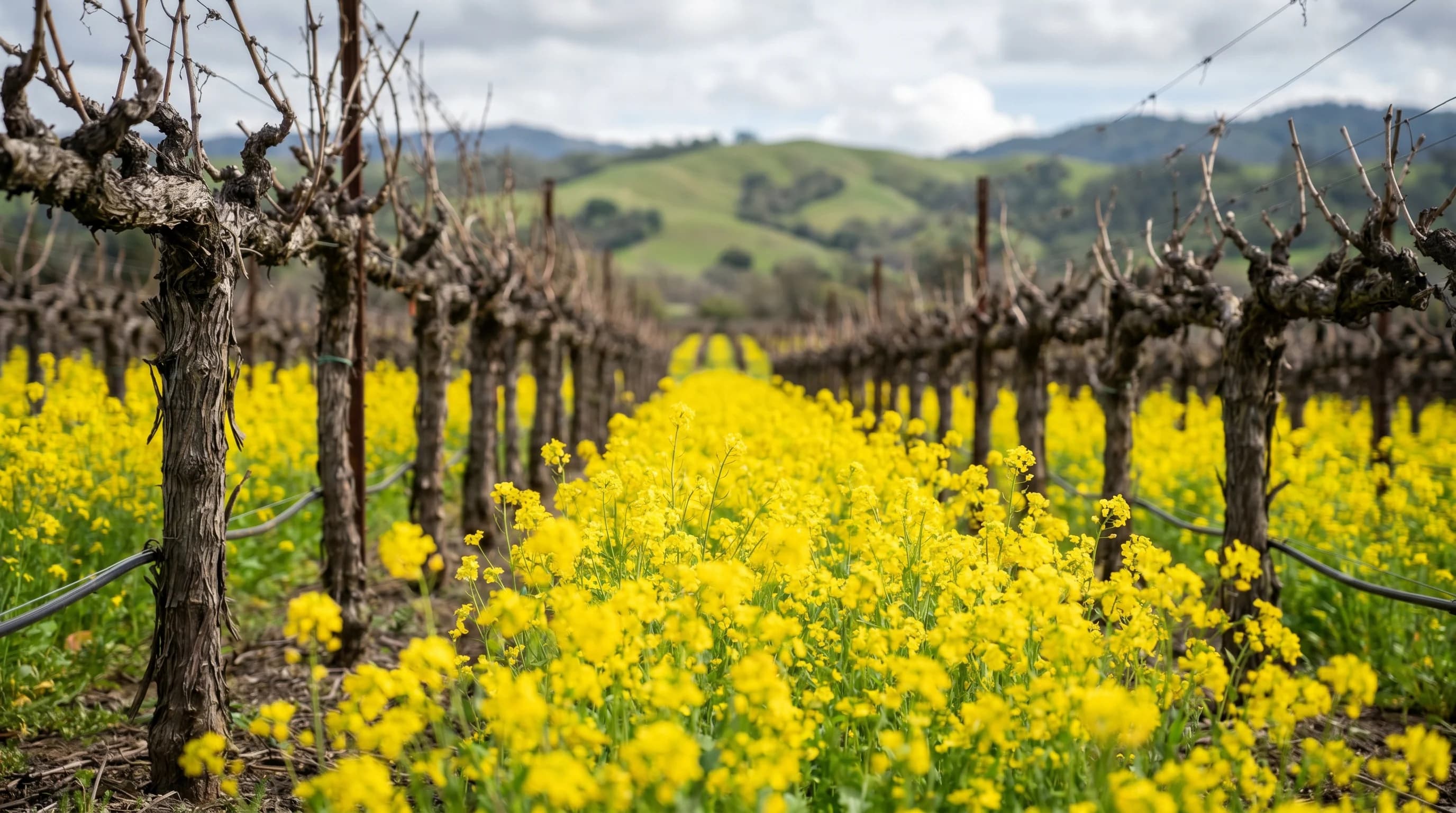 Napa Valley vineyard in October with fall colors on grapevine leaves and harvest activity