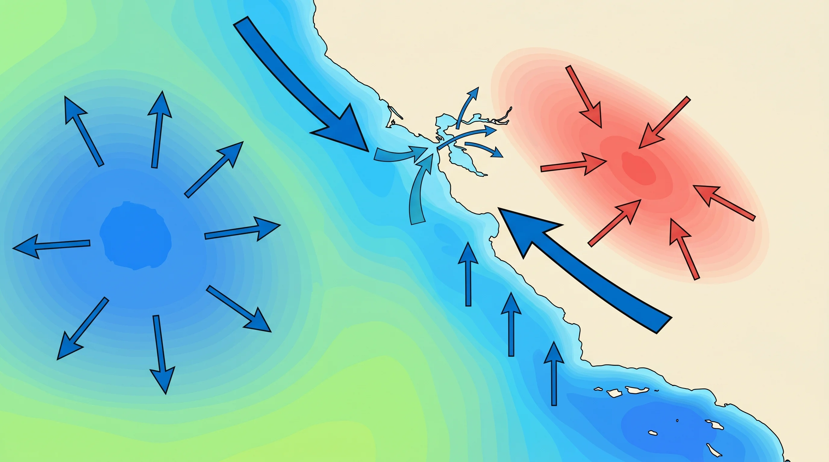 Diagram showing the North Pacific High offshore, inland thermal low pressure, and northwest winds pushing marine air into the Bay Area