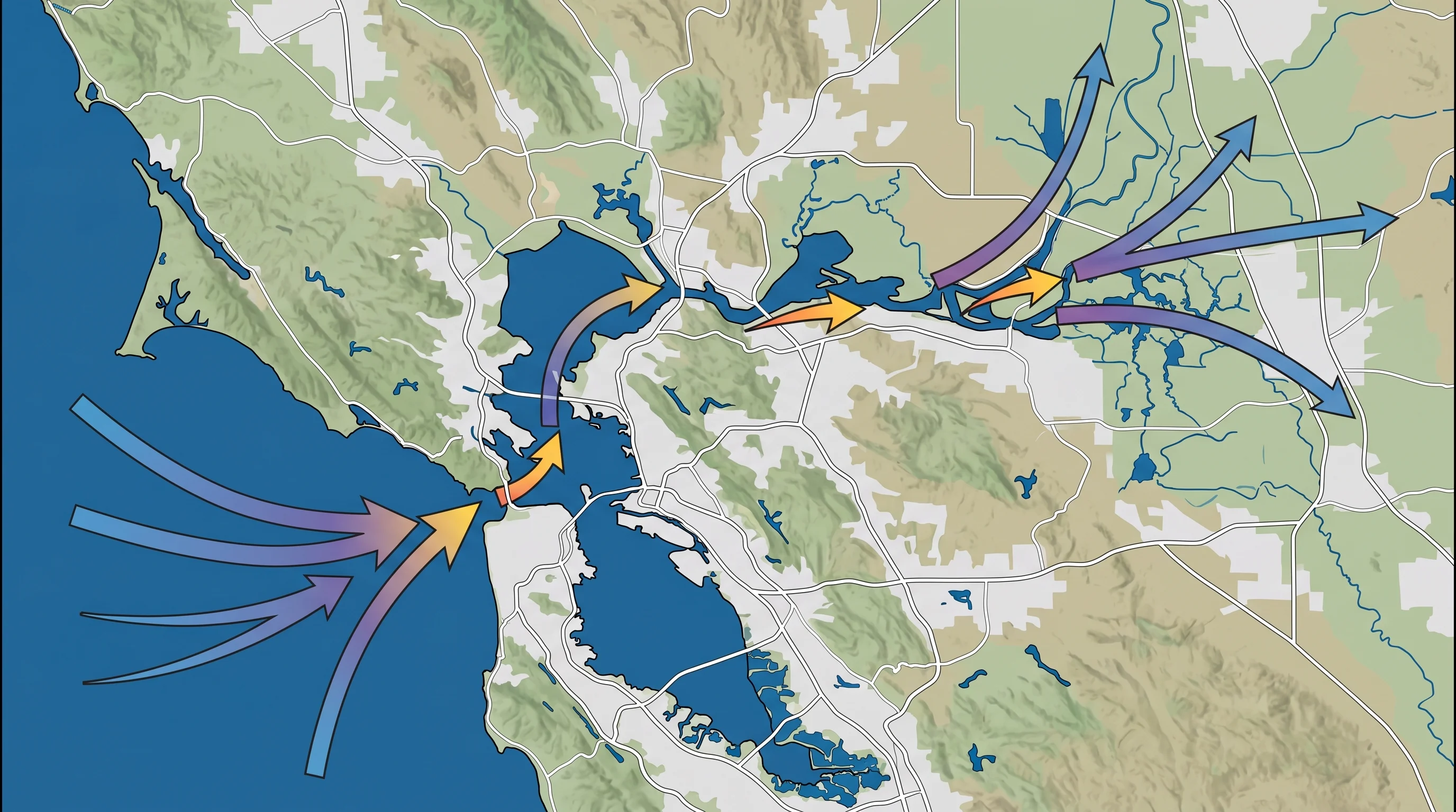 Bay Area map showing spring wind corridors through the Golden Gate, Carquinez Strait, Altamont Pass, and bay shoreline