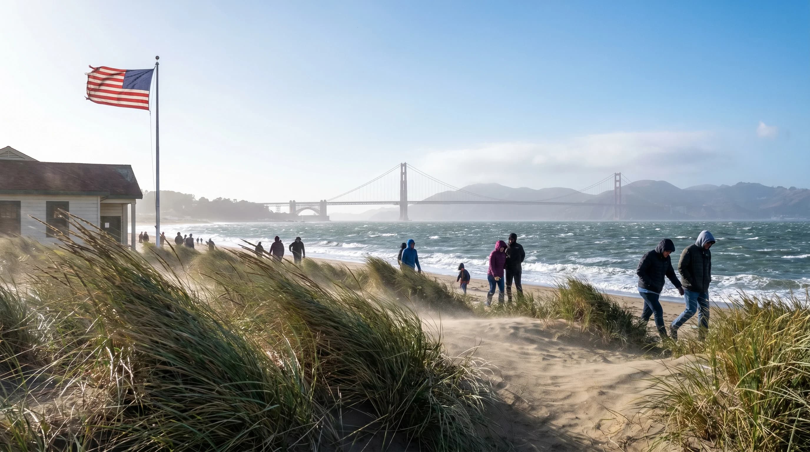 Windy spring afternoon on San Francisco Bay with whitecaps and marine air pushing through the Golden Gate