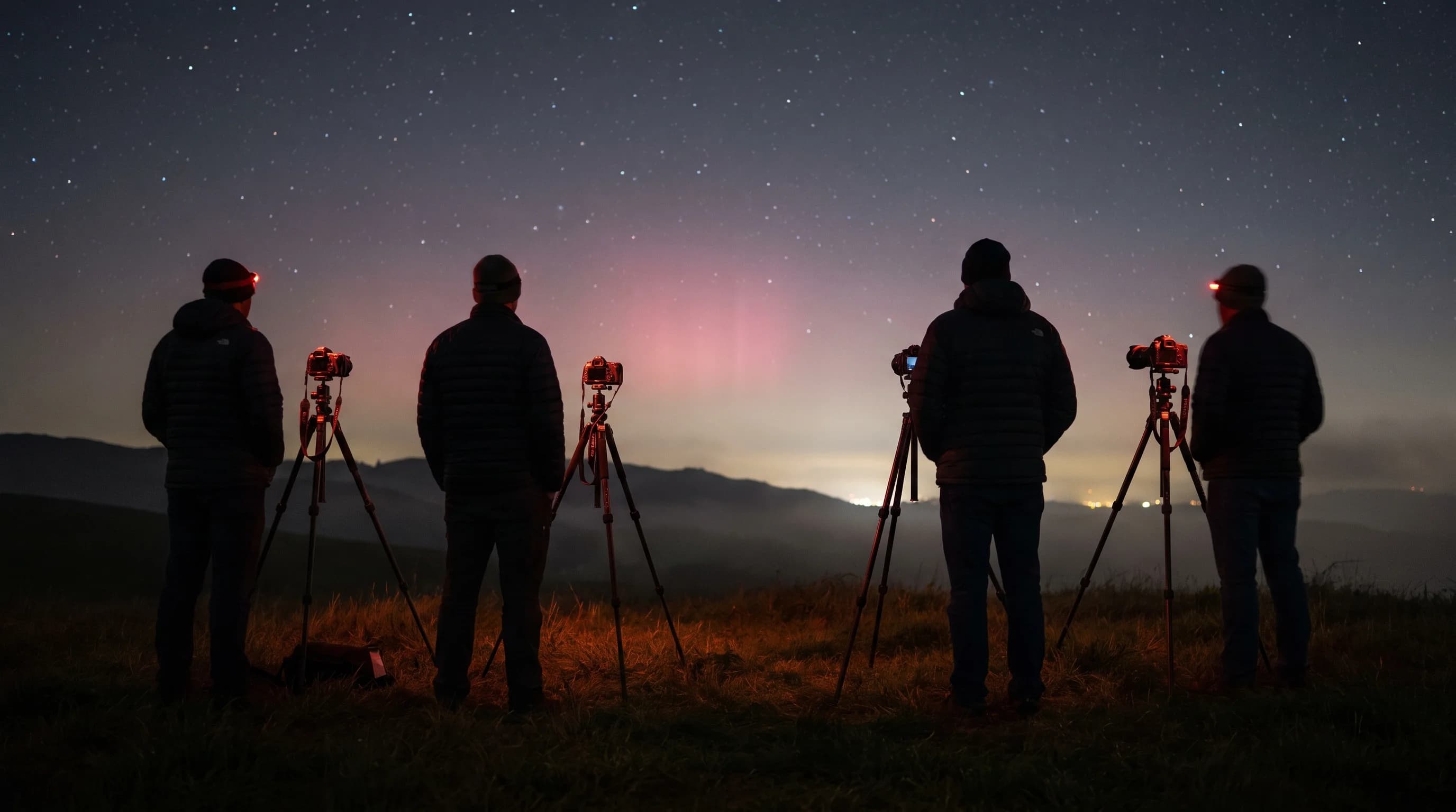 People with cameras on tripods watch a faint aurora glow from a dark hillside
