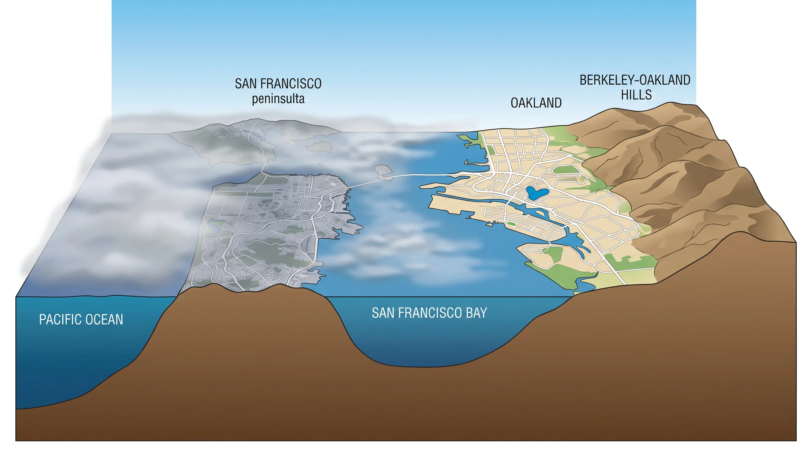 West-to-east cross-section showing the Pacific, San Francisco, San Francisco Bay, Oakland, and the Berkeley-Oakland Hills
