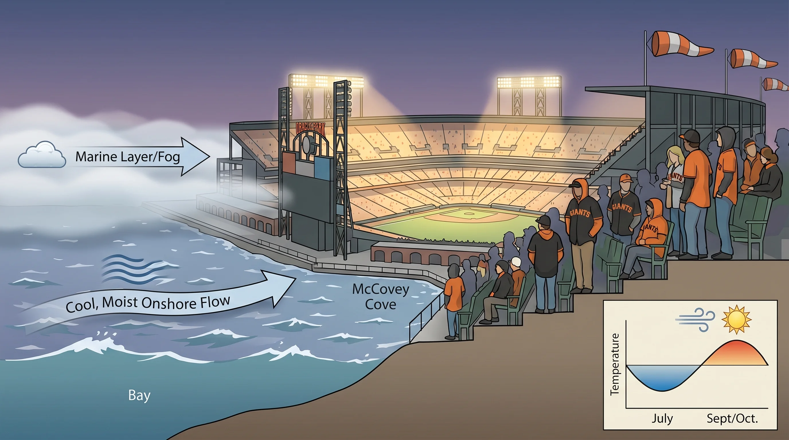 Oracle Park during a San Francisco Giants day game showing the bay in the background beyond right field, wind flags visible, late afternoon sun and some fog approaching from left, capturing the typical summer game atmosphere
