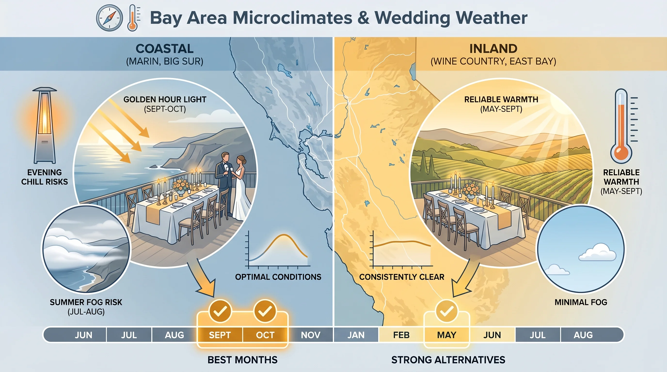 Outdoor wedding ceremony in the Bay Area wine country in September: a couple exchanging vows under a floral arch on a vineyard terrace, guests seated in white chairs on the golden-grass hillside, warm afternoon light, blue sky with no fog, Napa or Sonoma valley in the background