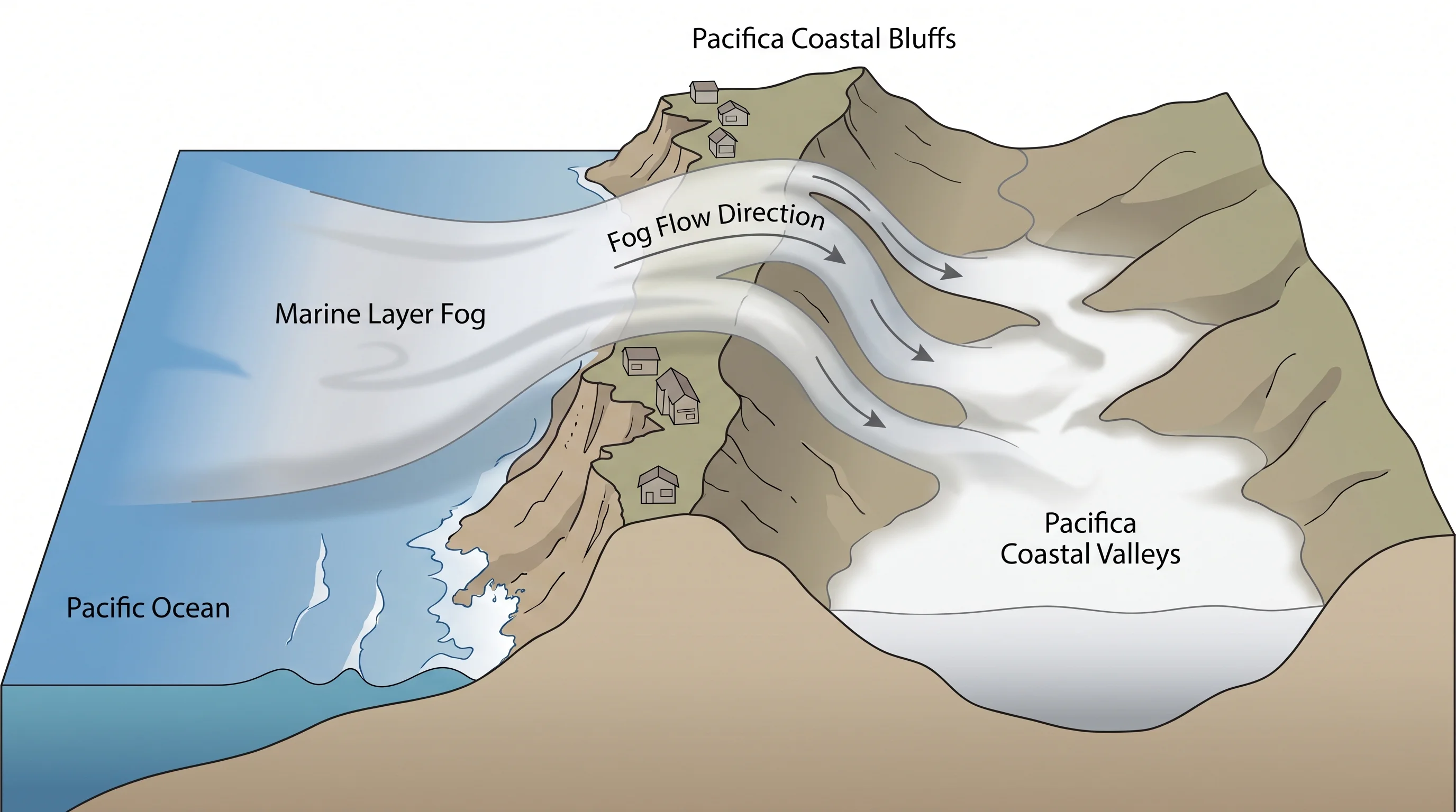 Pacifica beach in typical summer fog: dramatic cliffs and crashing Pacific waves in gray marine layer light, a few surfers in wetsuits in the water