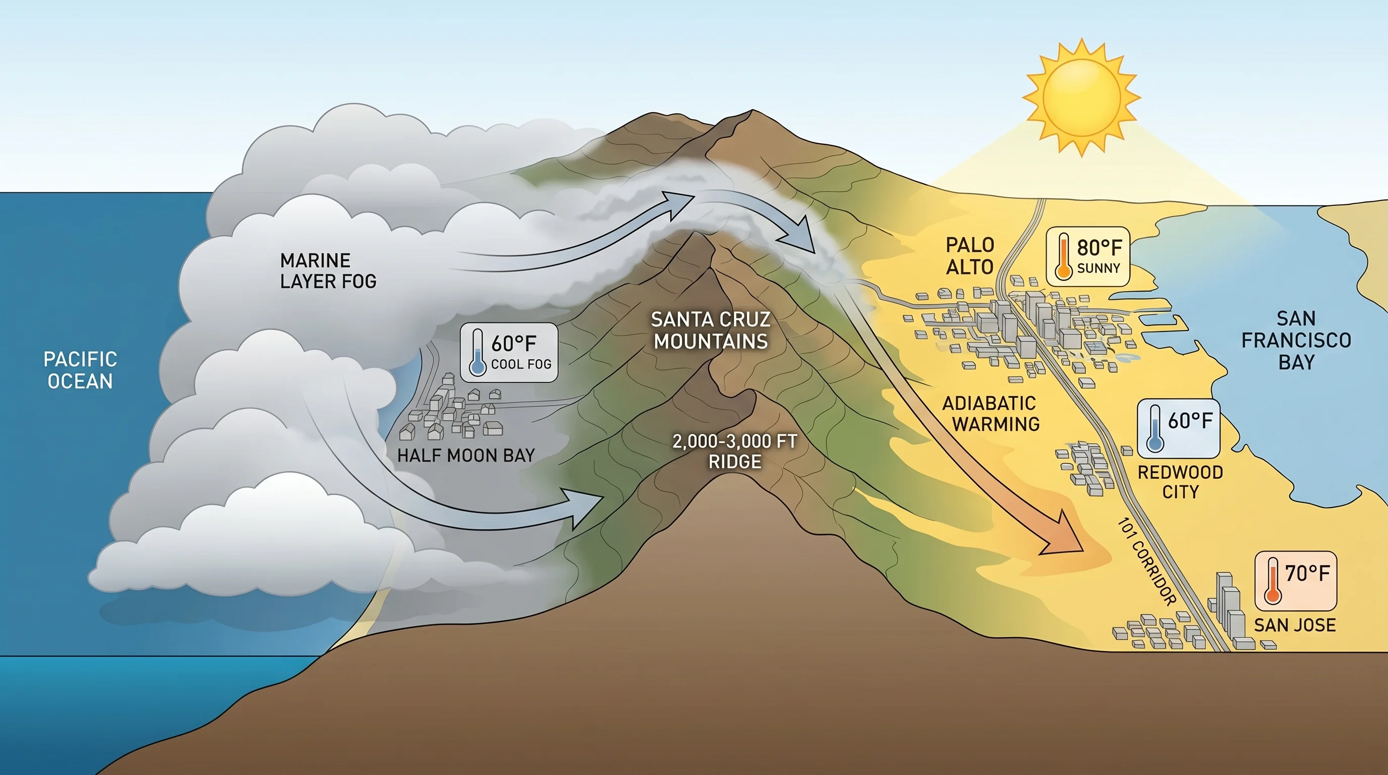 Cross-section of the San Francisco Peninsula showing marine fog on the western coastal side versus warm sunny conditions on the eastern bay side, divided by the Santa Cruz Mountains