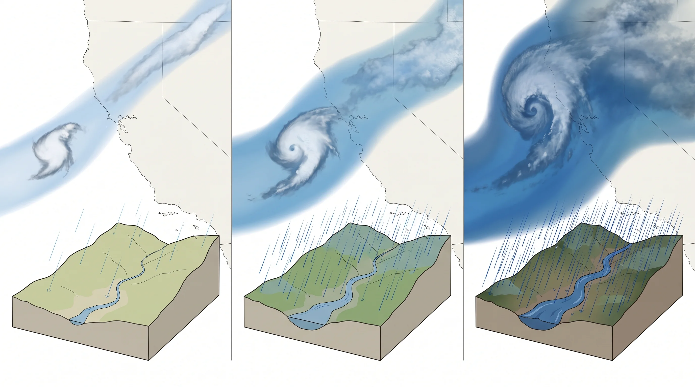Three-panel illustration showing increasing atmospheric-river intensity, rainfall, and watershed response