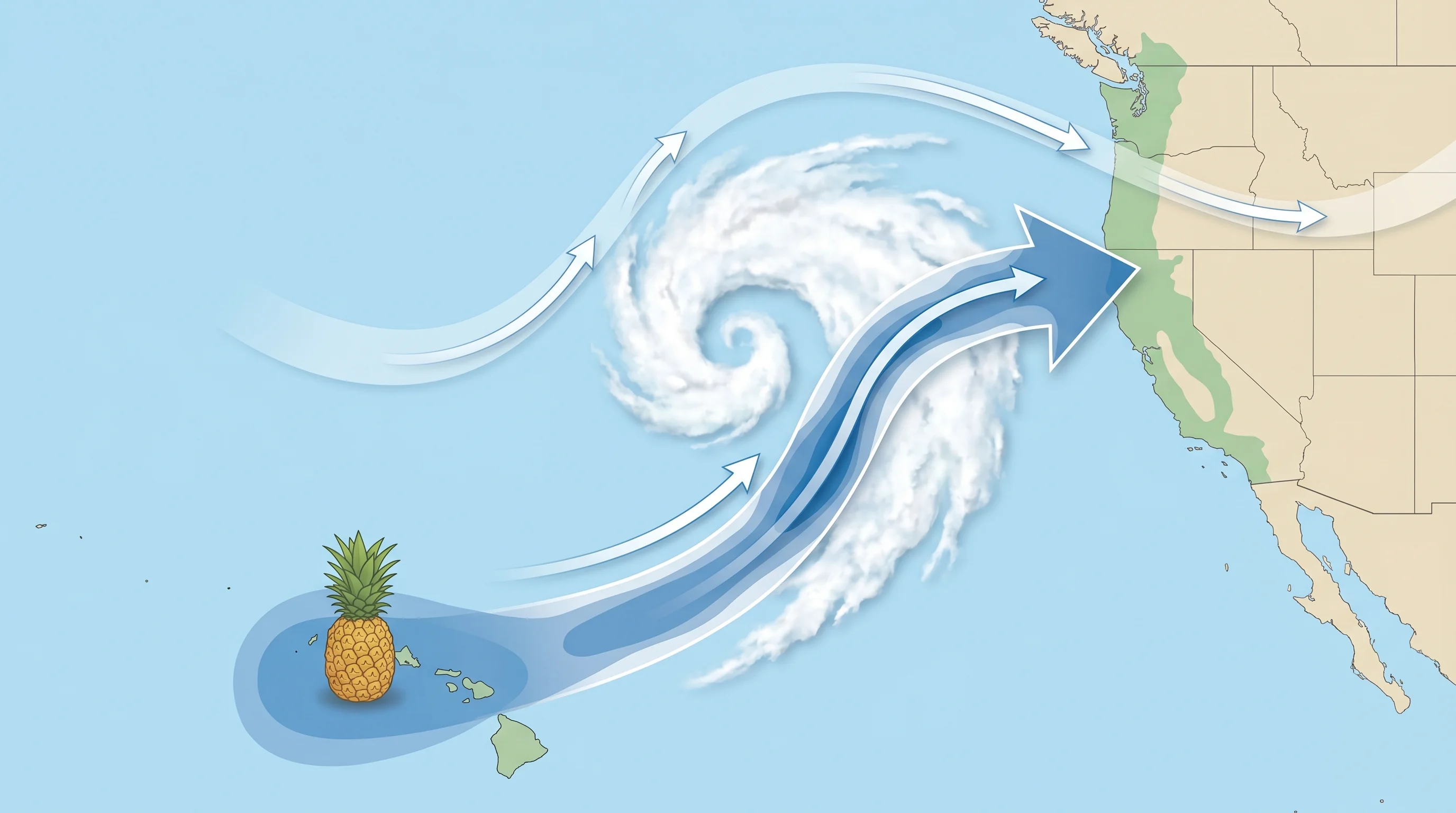 Flooding from a Pineapple Express storm event in California, showing swollen creeks and road flooding
