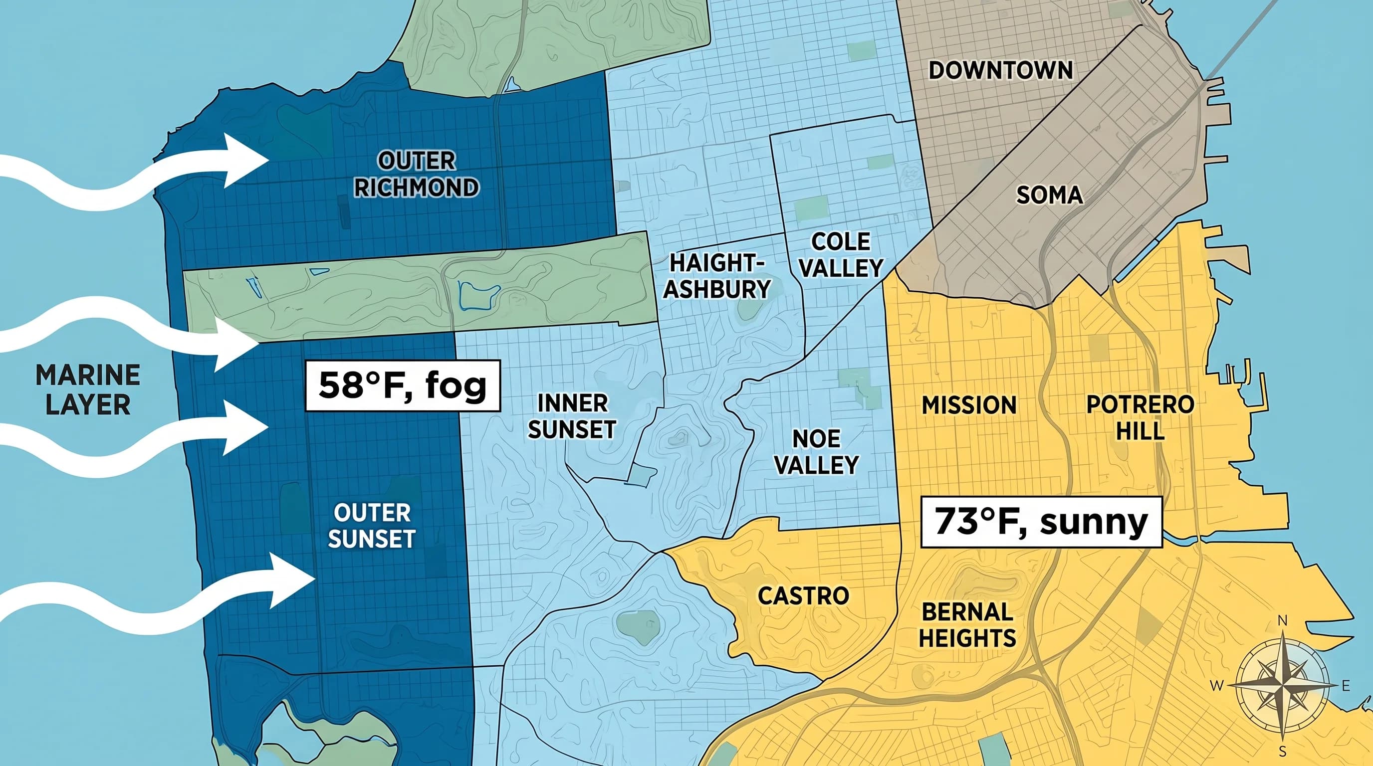 San Francisco neighborhood microclimate map showing foggy western districts, transitional central hills, and sunnier eastern neighborhoods