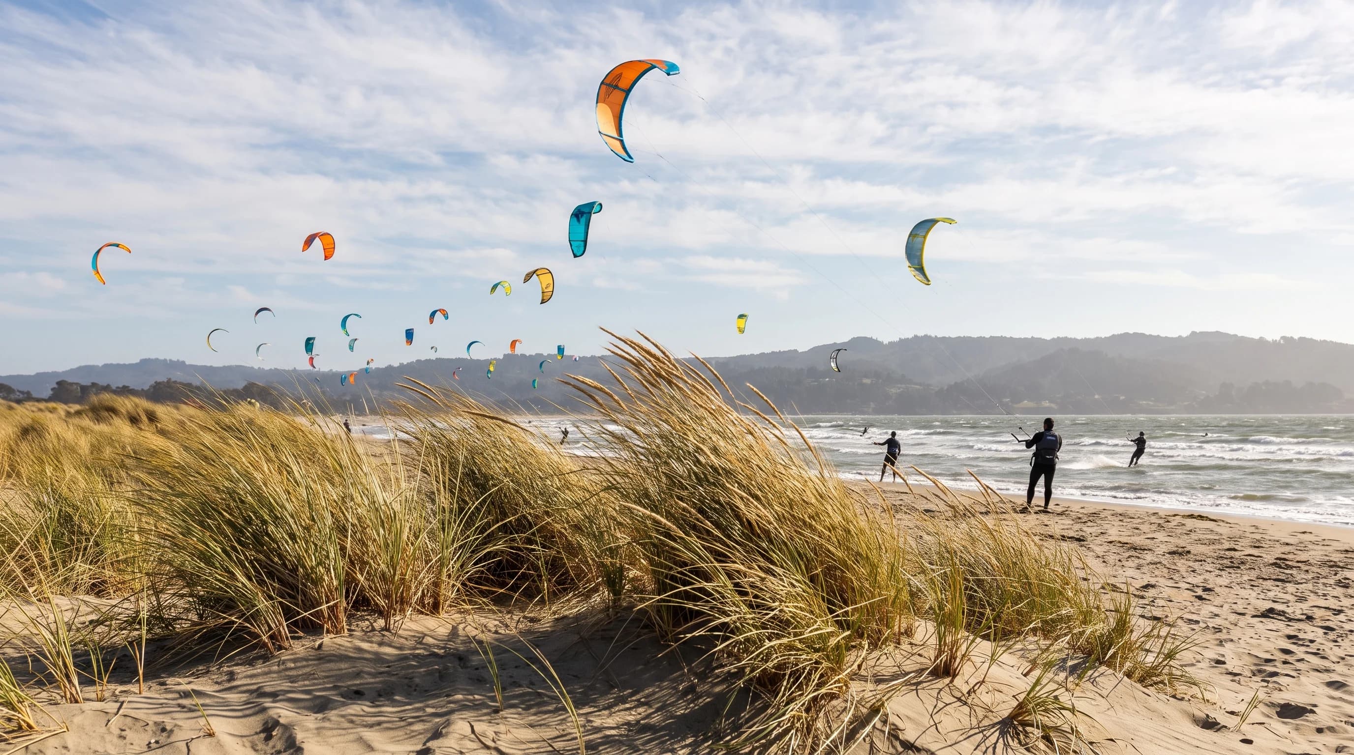 Kiteboarders and whitecaps off a bayside beach on a windy, sunny April afternoon