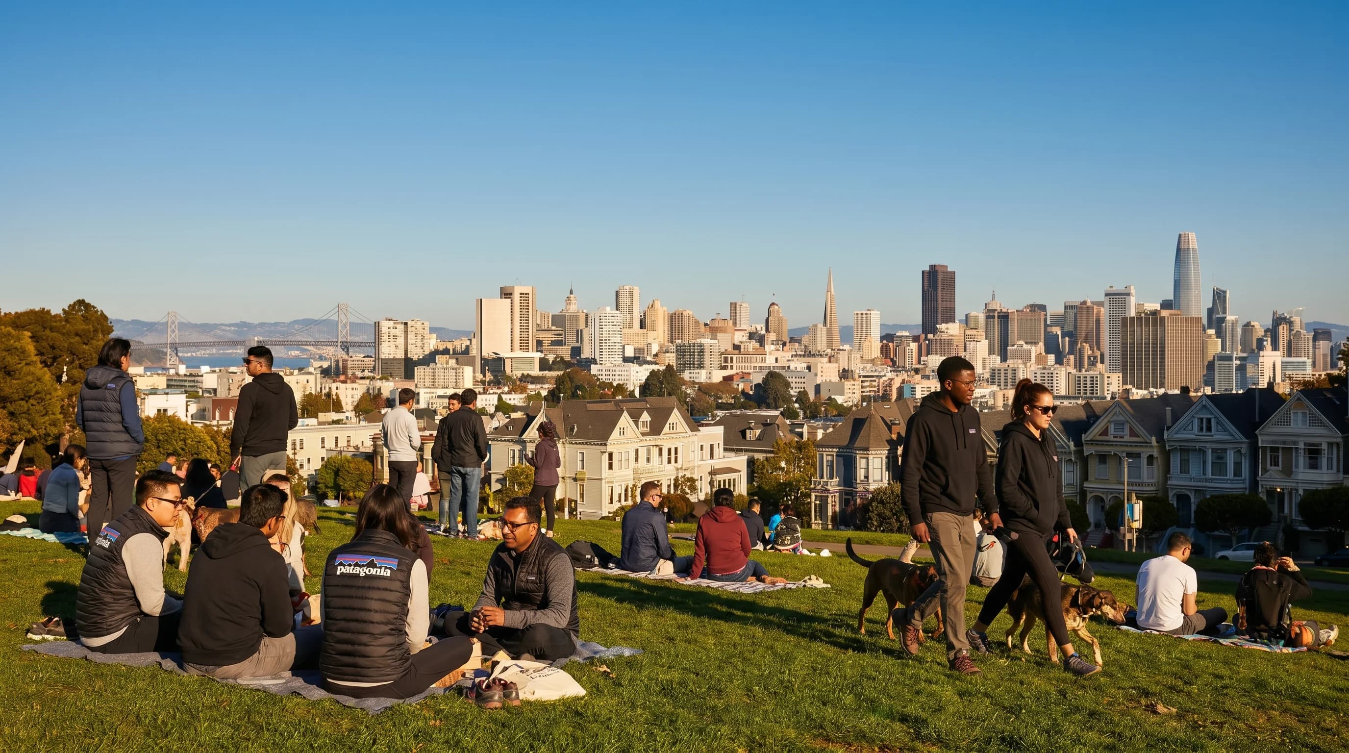Clear autumn day in San Francisco with warm sunlight and blue skies over the city skyline