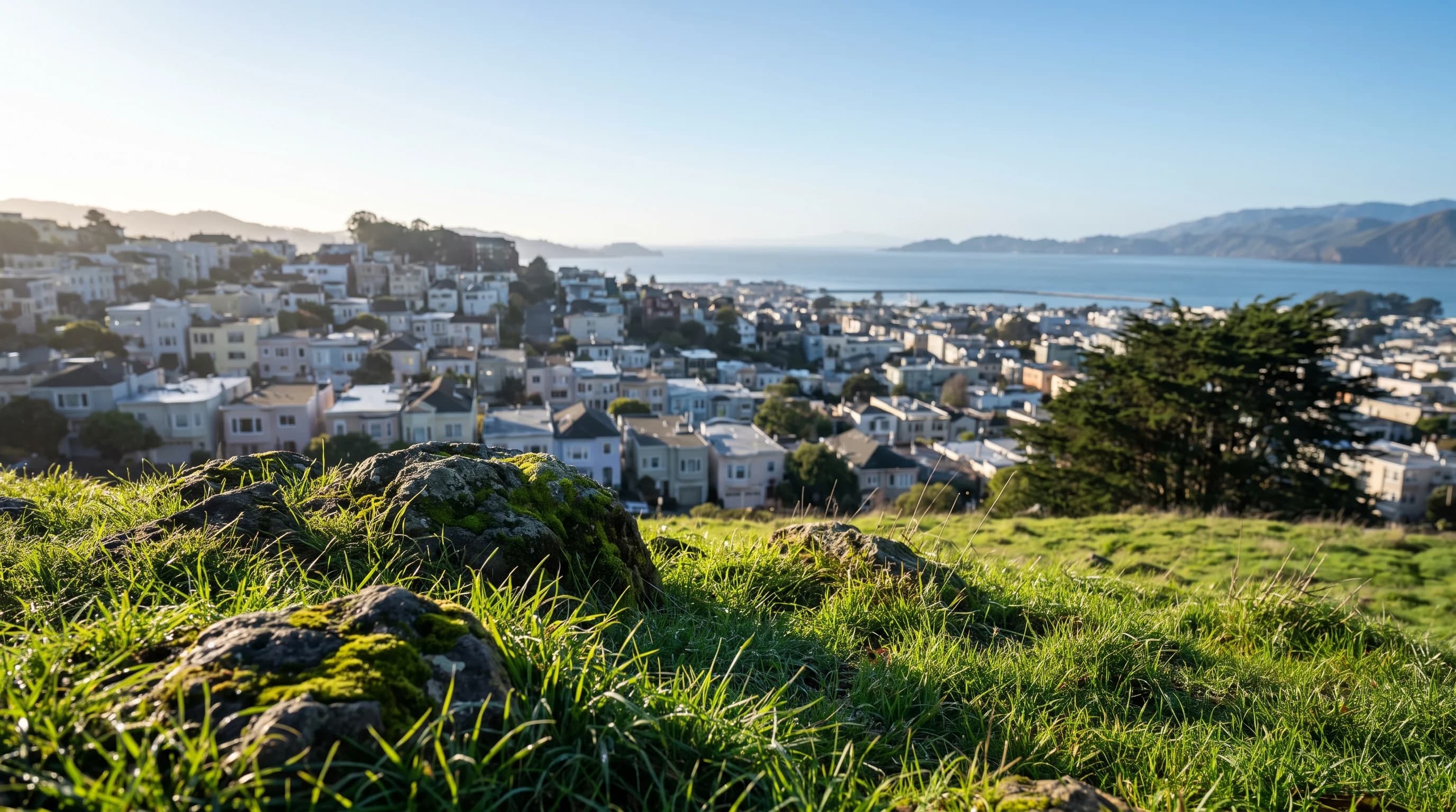 Clear December morning view over San Francisco rooftops toward the bay after a winter storm, with green grass in the foreground