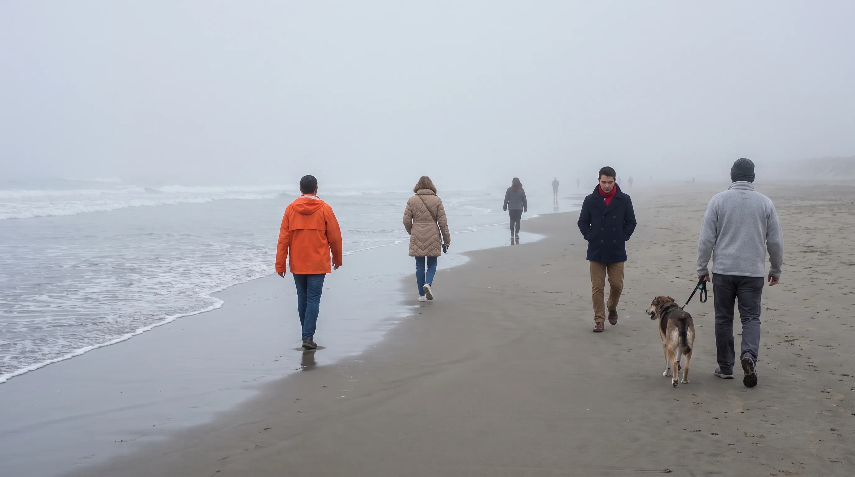People in jackets walking on a San Francisco ocean beach in thick gray fog on a July afternoon