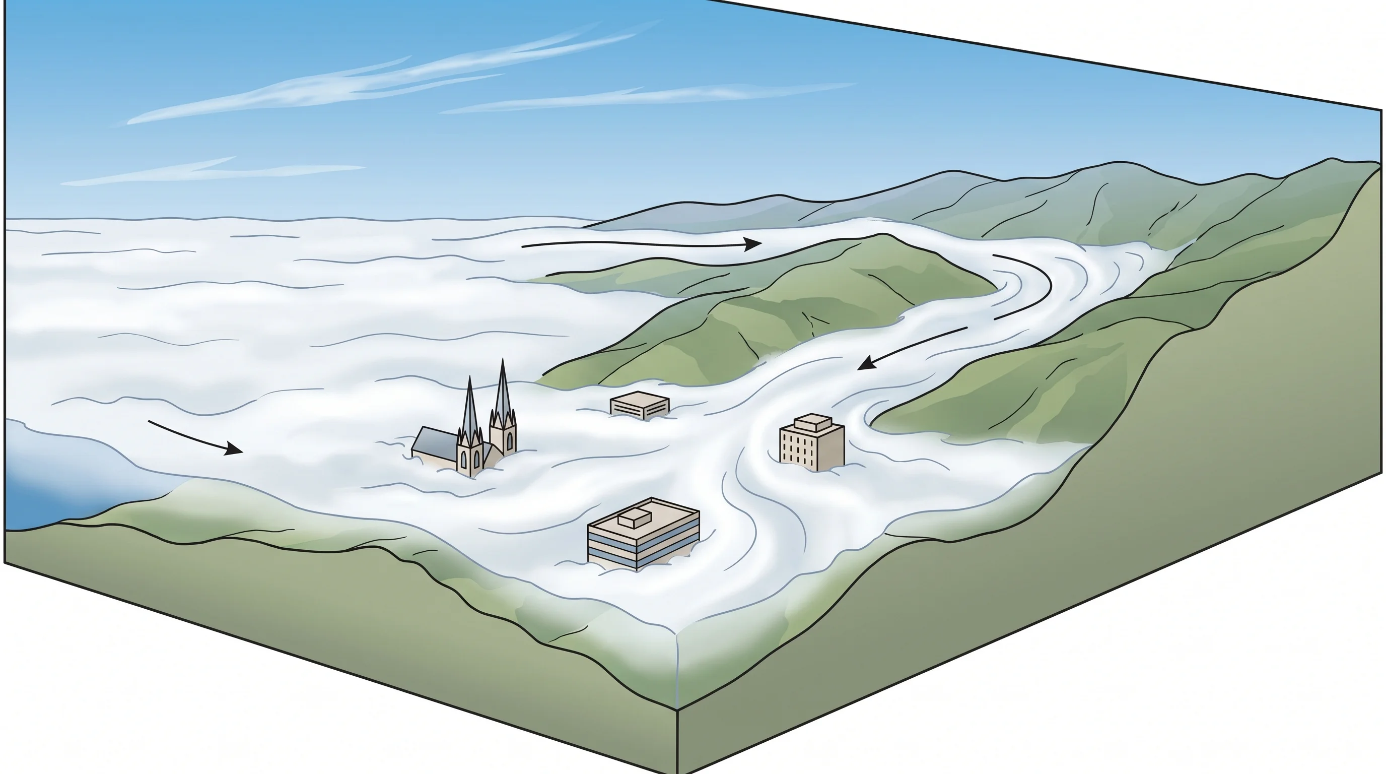 Thick June fog rolling over San Francisco hills with the tops of buildings poking through the marine layer