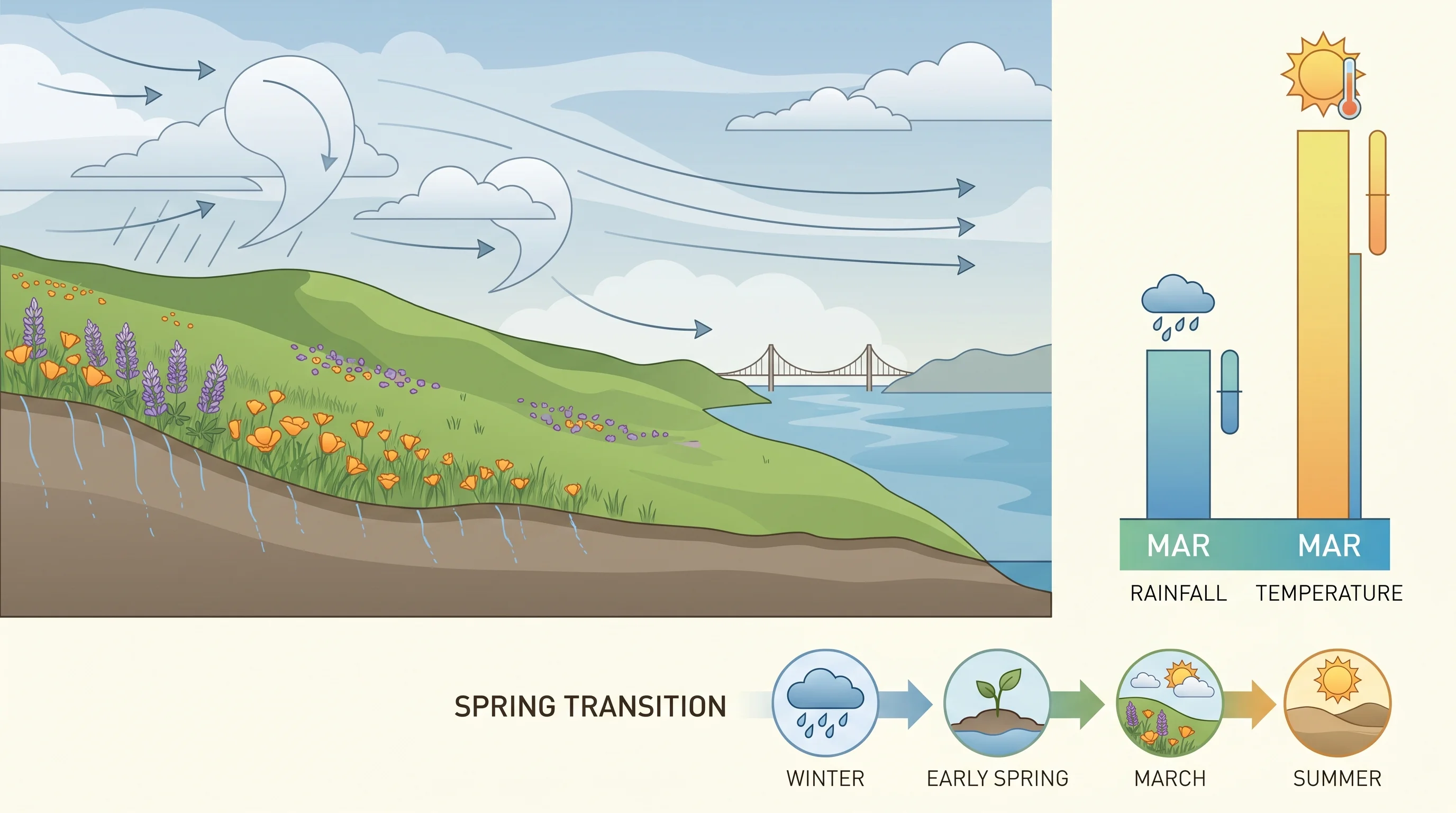 Green hills and wildflowers near San Francisco in March with partly cloudy skies