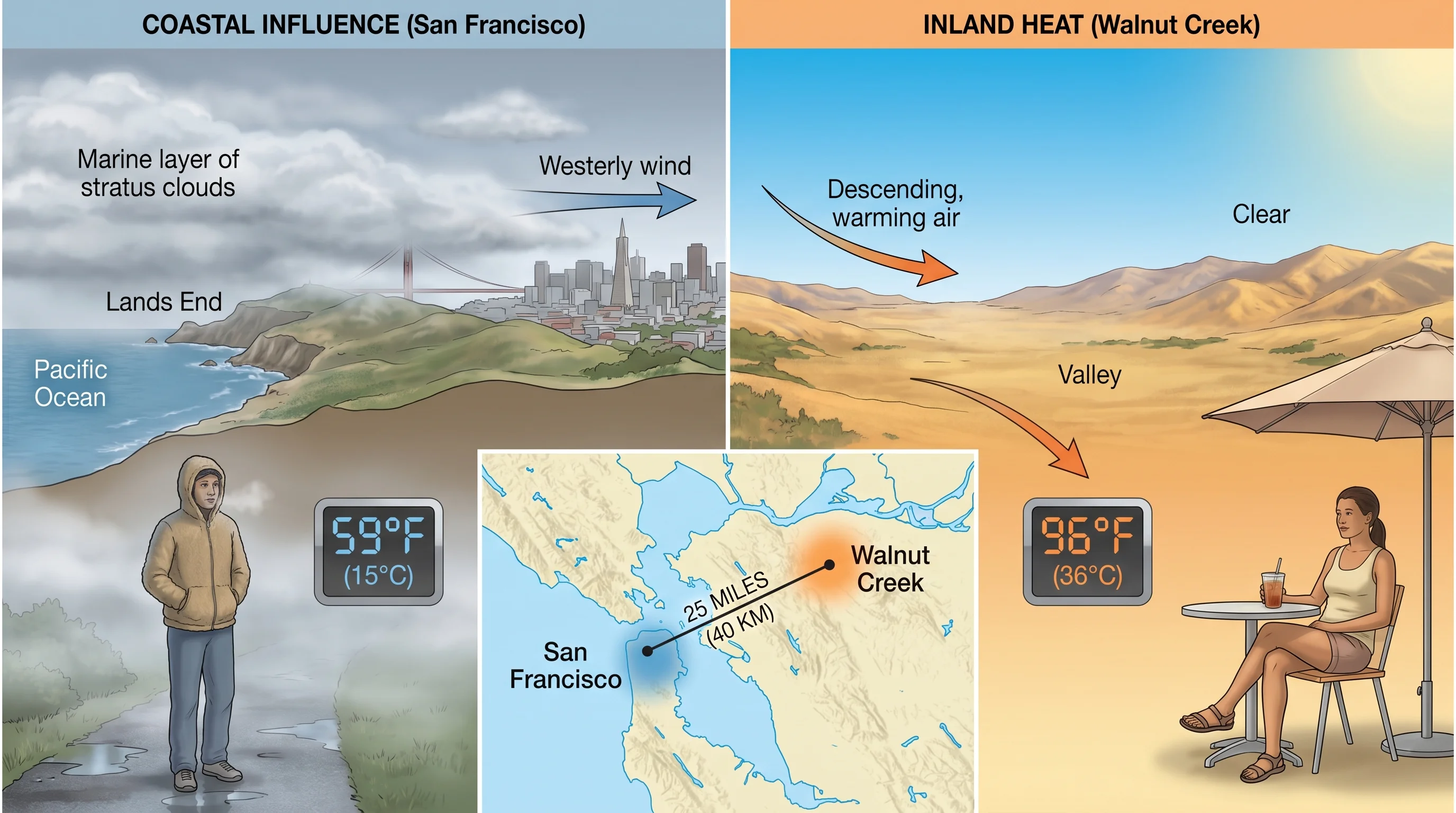 Bay Area temperature comparison on a typical summer afternoon: San Francisco at 62°F with fog versus Walnut Creek at 95°F in sunshine, showing the 33°F temperature difference across 25 miles