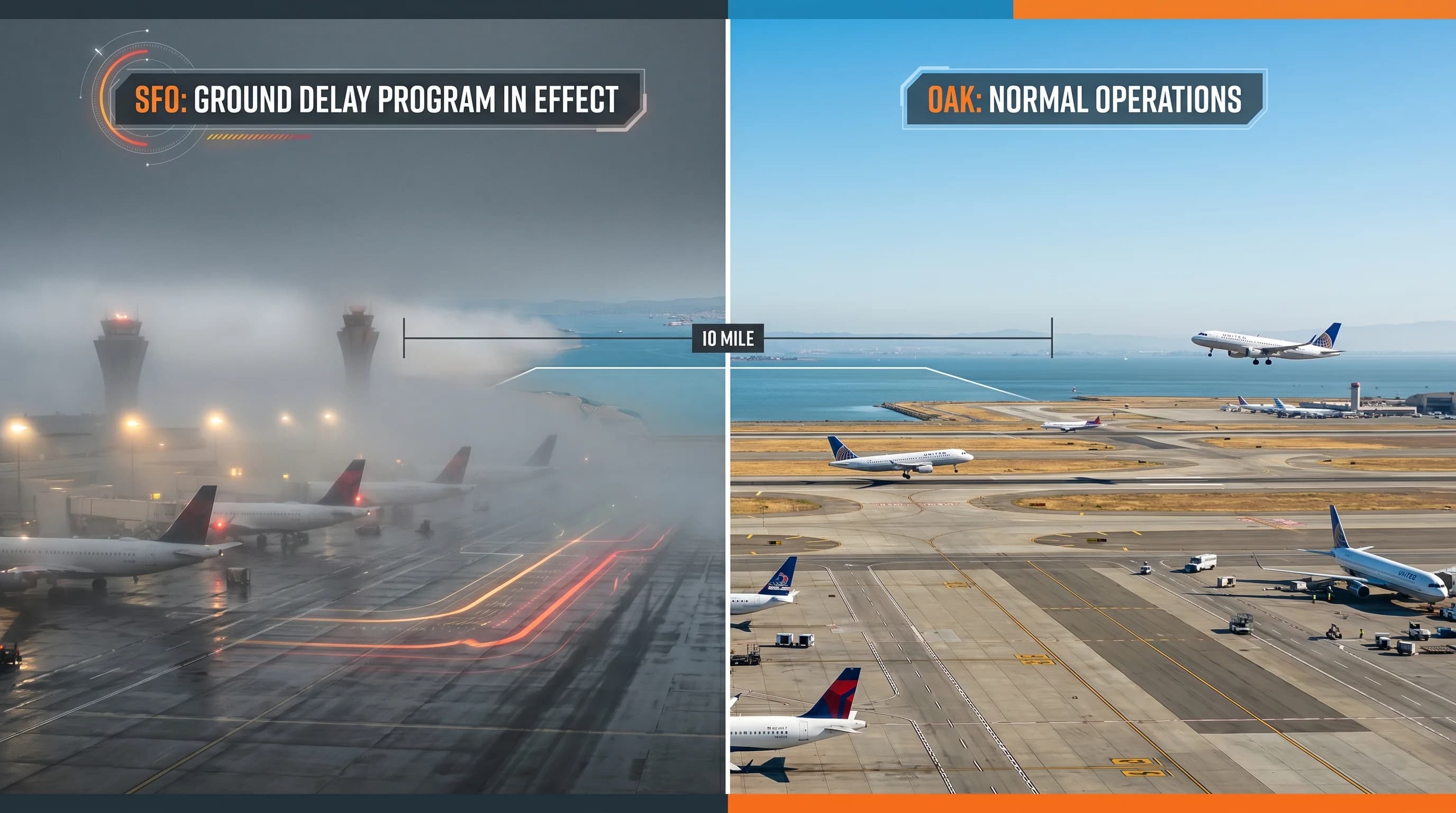 SFO airport in early morning marine layer fog, low visibility conditions, aircraft on taxiways under gray overcast, illustrating the fog-related ground delay programs that affect summer morning arrivals