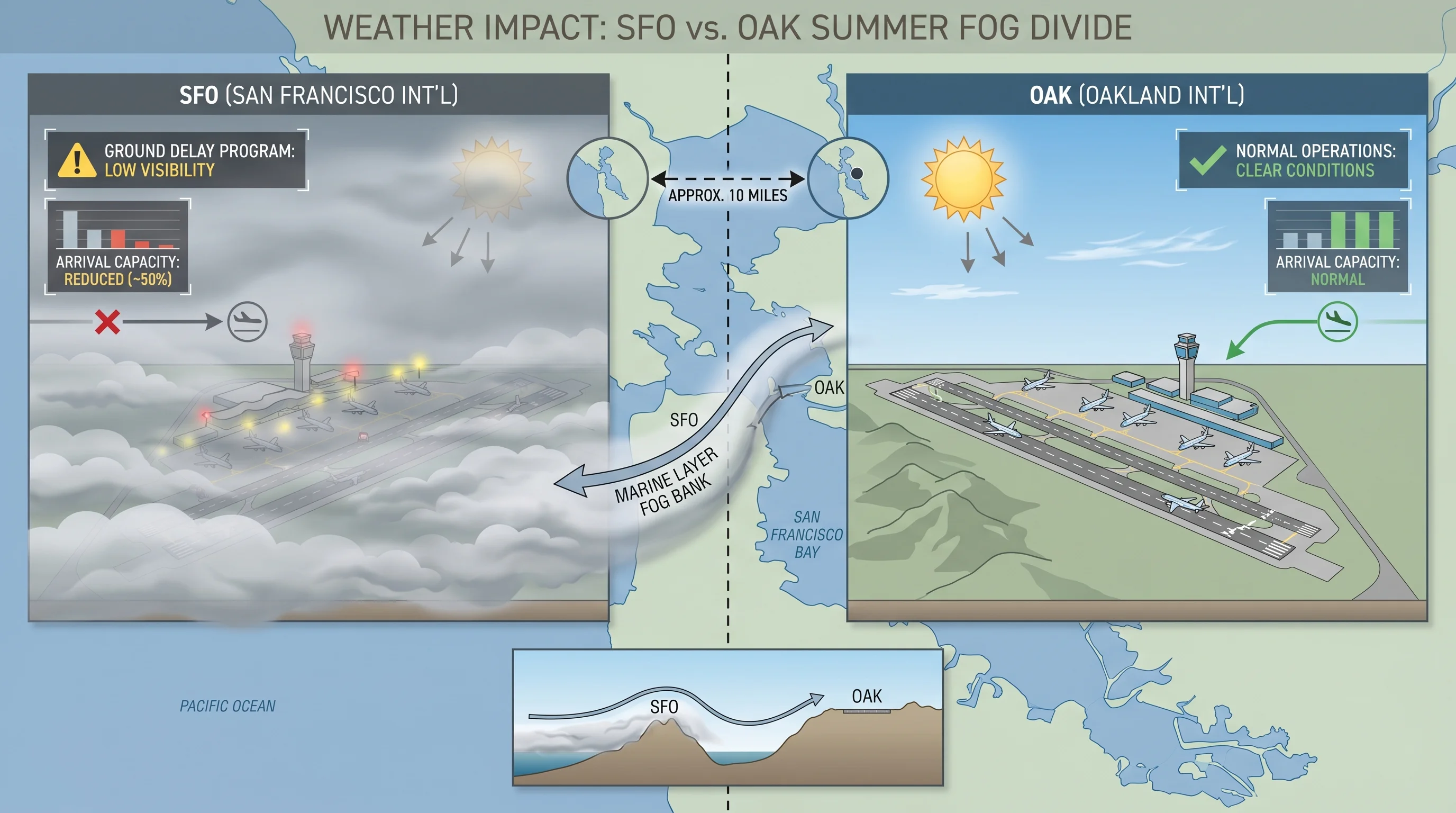Scientific illustration explaining Does Weather Affect Flight Delays at SFO and OAK?