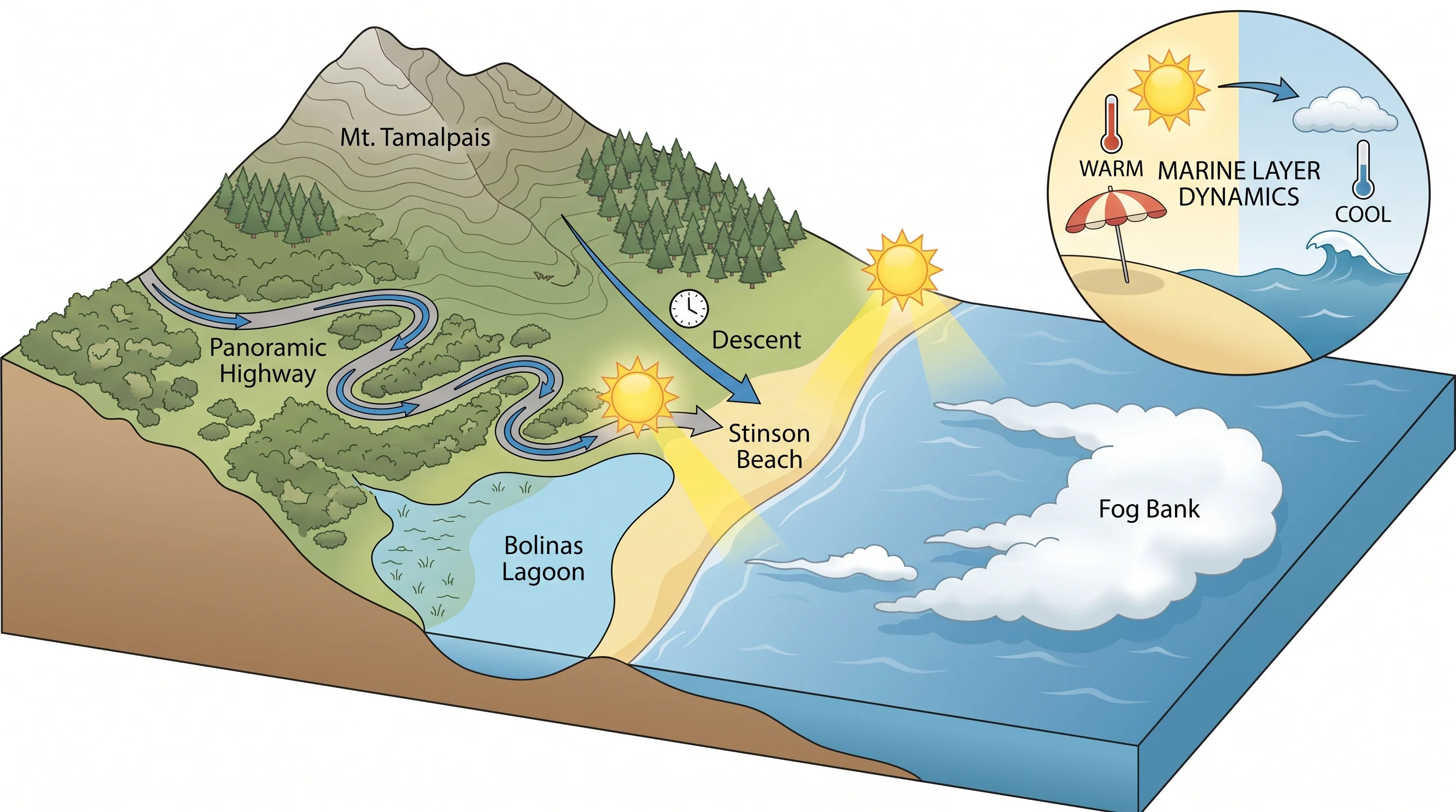 Scientific illustration explaining Stinson Beach Weather: When the Bay Area's Best Beach Is Worth the Drive