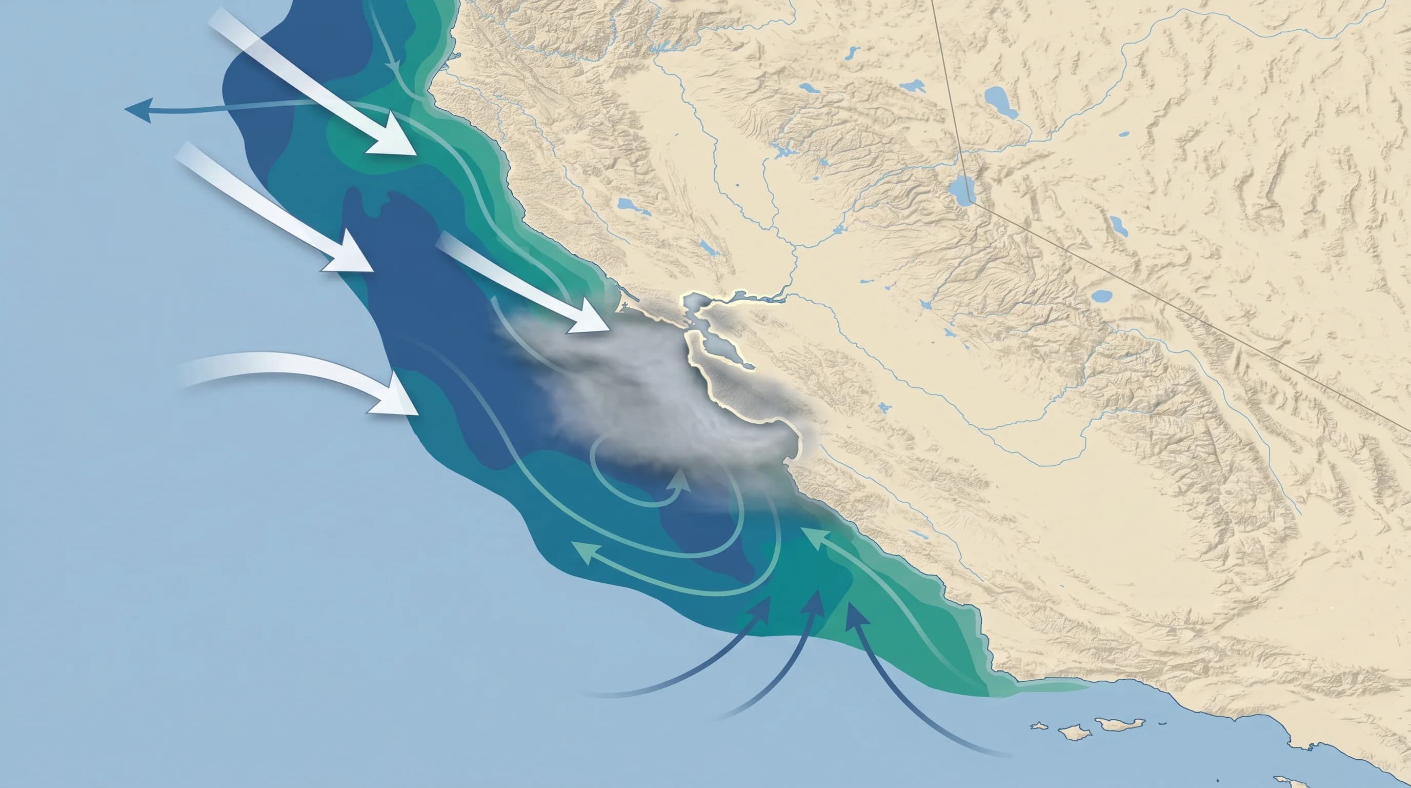 Map showing California coastal upwelling and cold sea surface temperatures near San Francisco