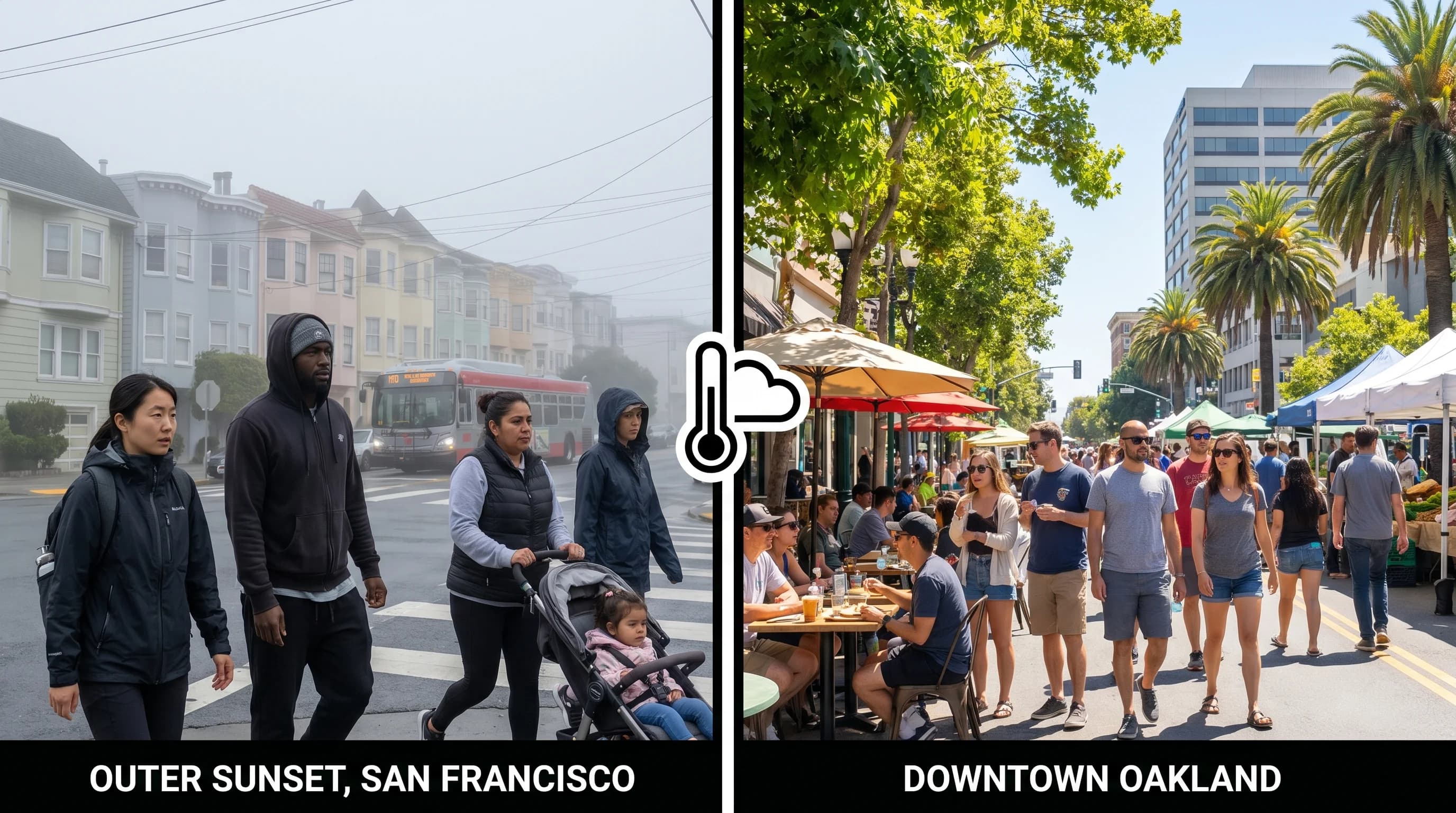 Side-by-side comparison of foggy San Francisco coast versus sunny inland Bay Area on the same summer day