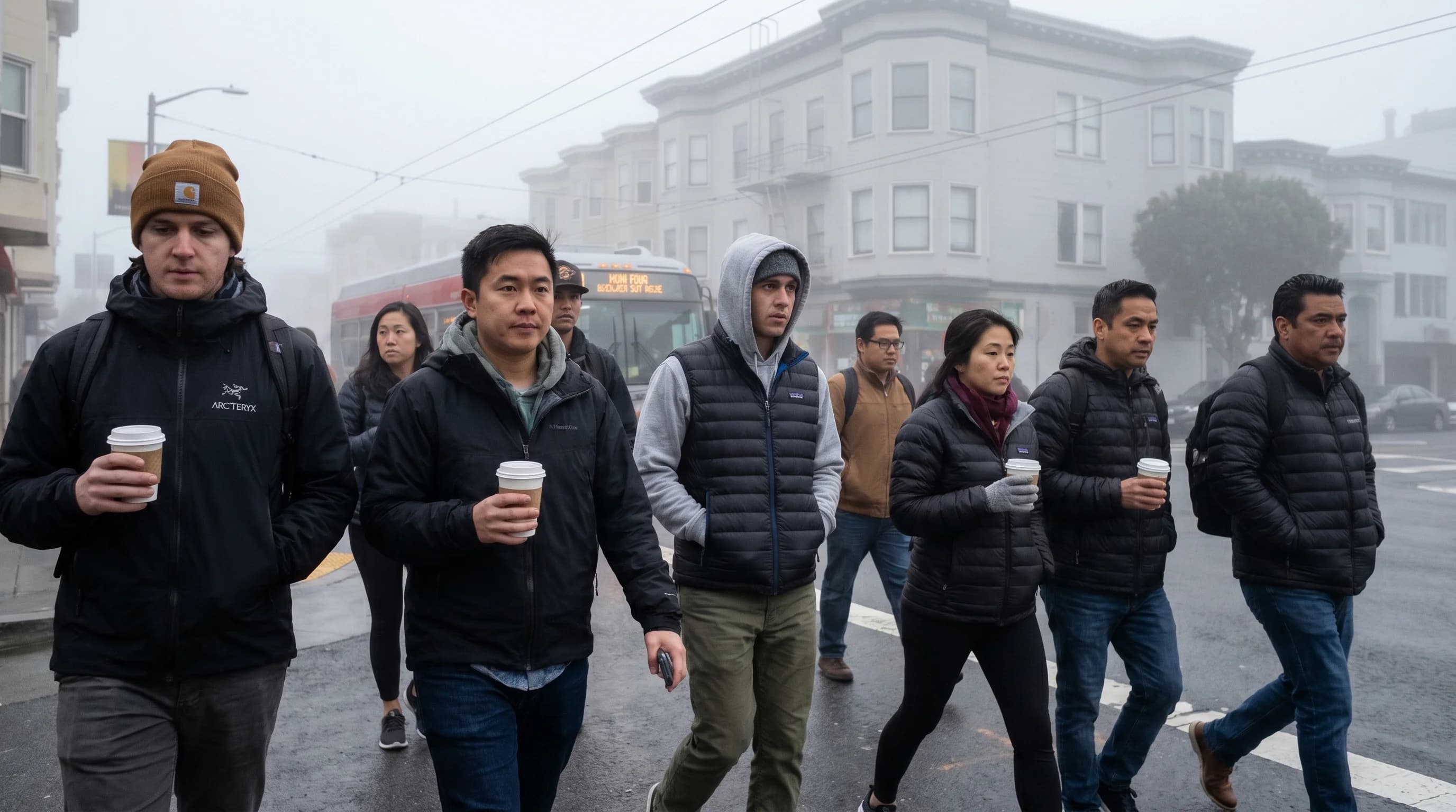 San Francisco locals dressed for summer fog on a cool June morning in the city