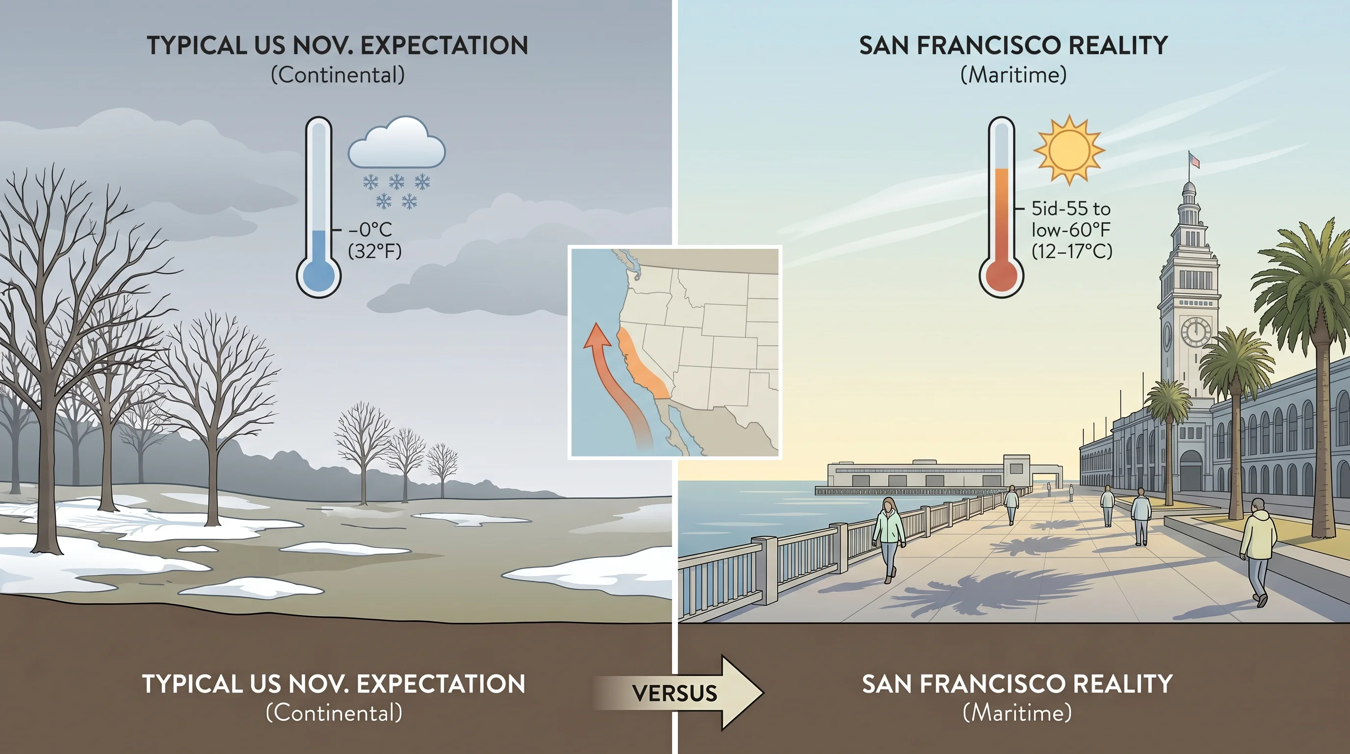 San Francisco Thanksgiving weather: a clear, cool November afternoon in San Francisco with low winter light, people walking near Fisherman's Wharf or a bay viewpoint in light jackets, blue sky with a few clouds