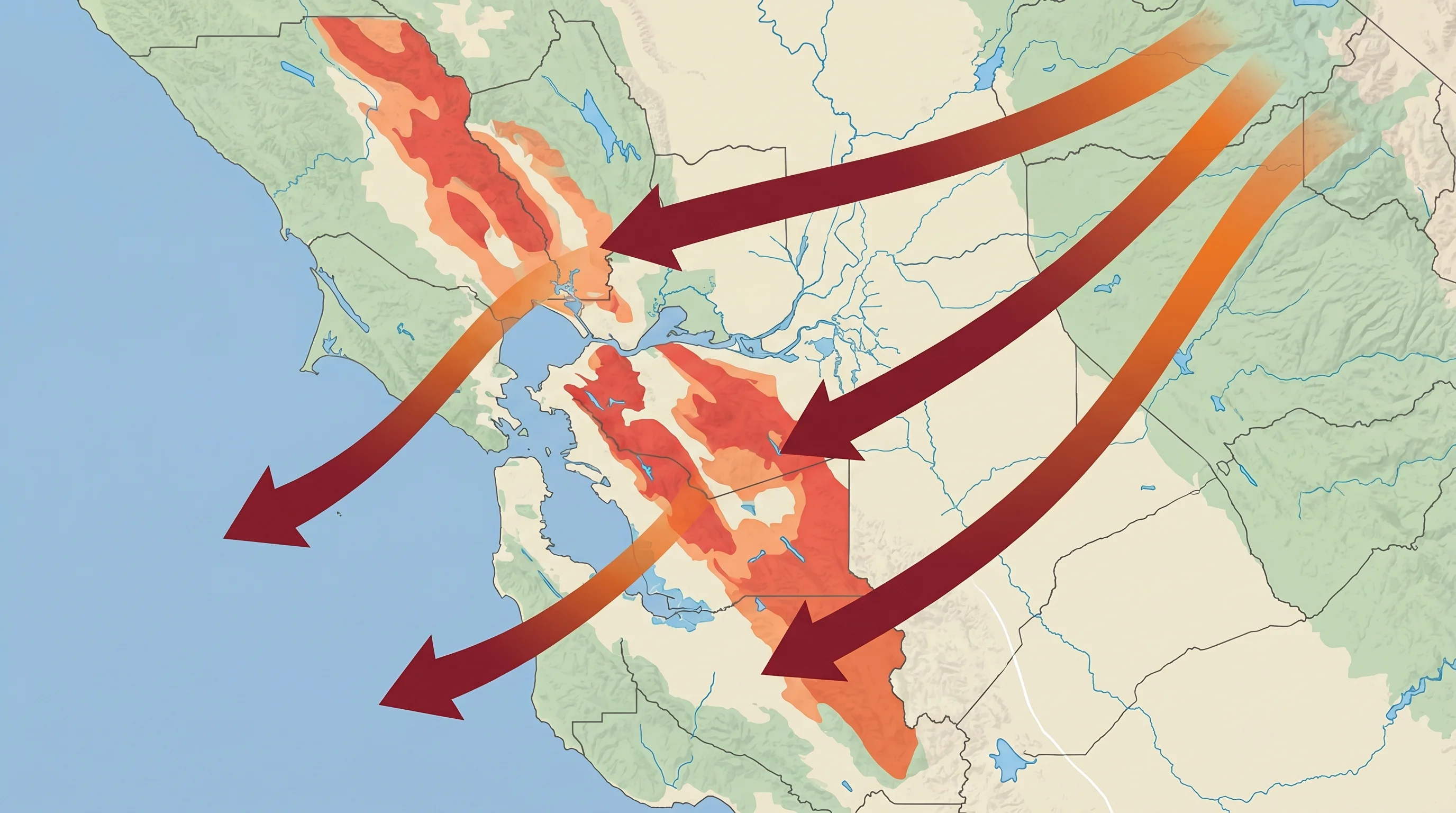 Map of Bay Area showing regions most vulnerable to Diablo Wind-driven wildfires