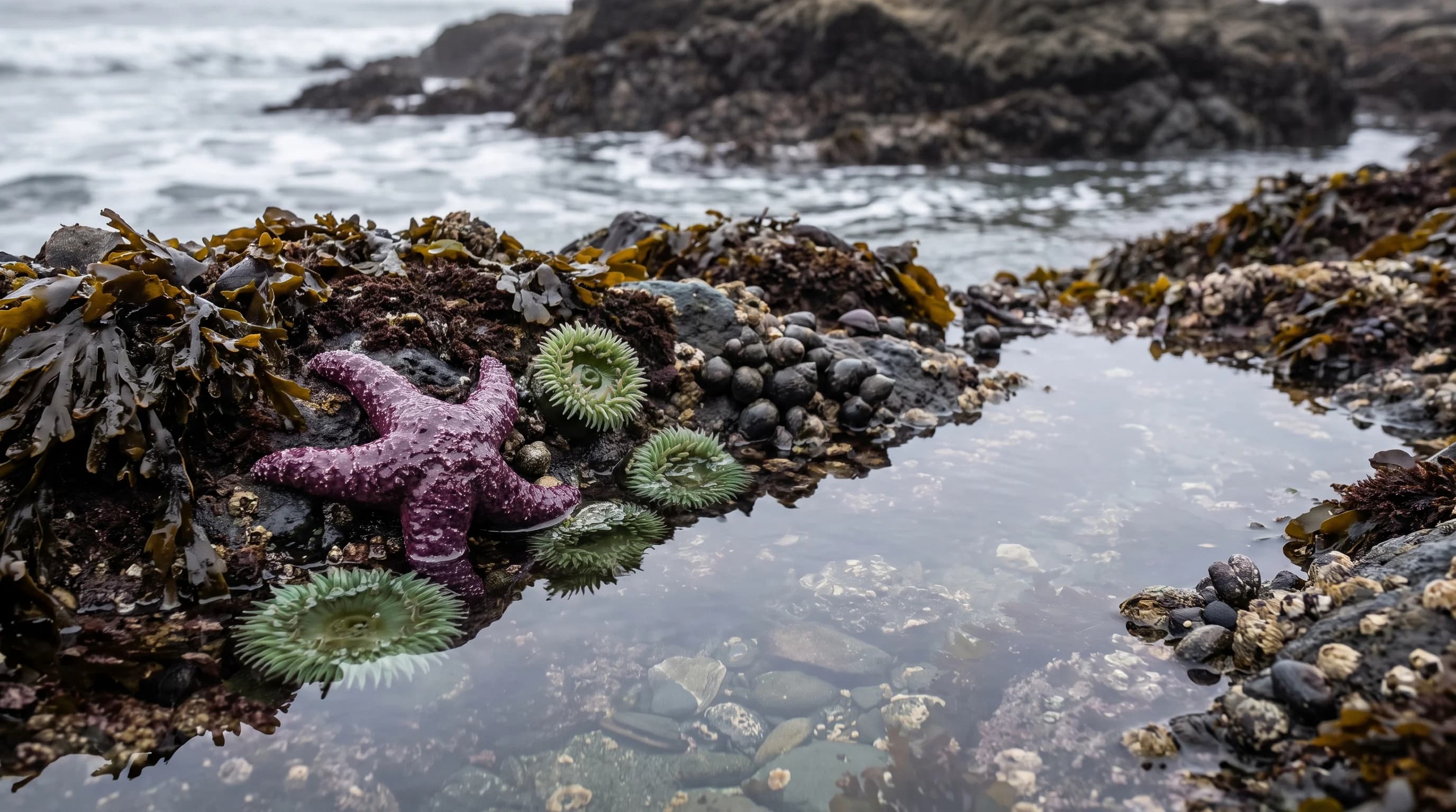A purple ochre sea star and green anemones in a clear tide pool on the Northern California coast