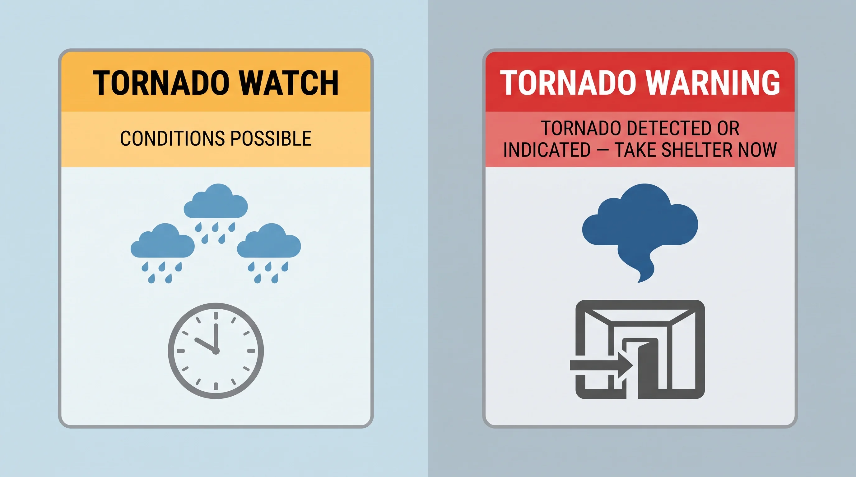 Illustrated comparison of a tornado watch and tornado warning with recommended actions