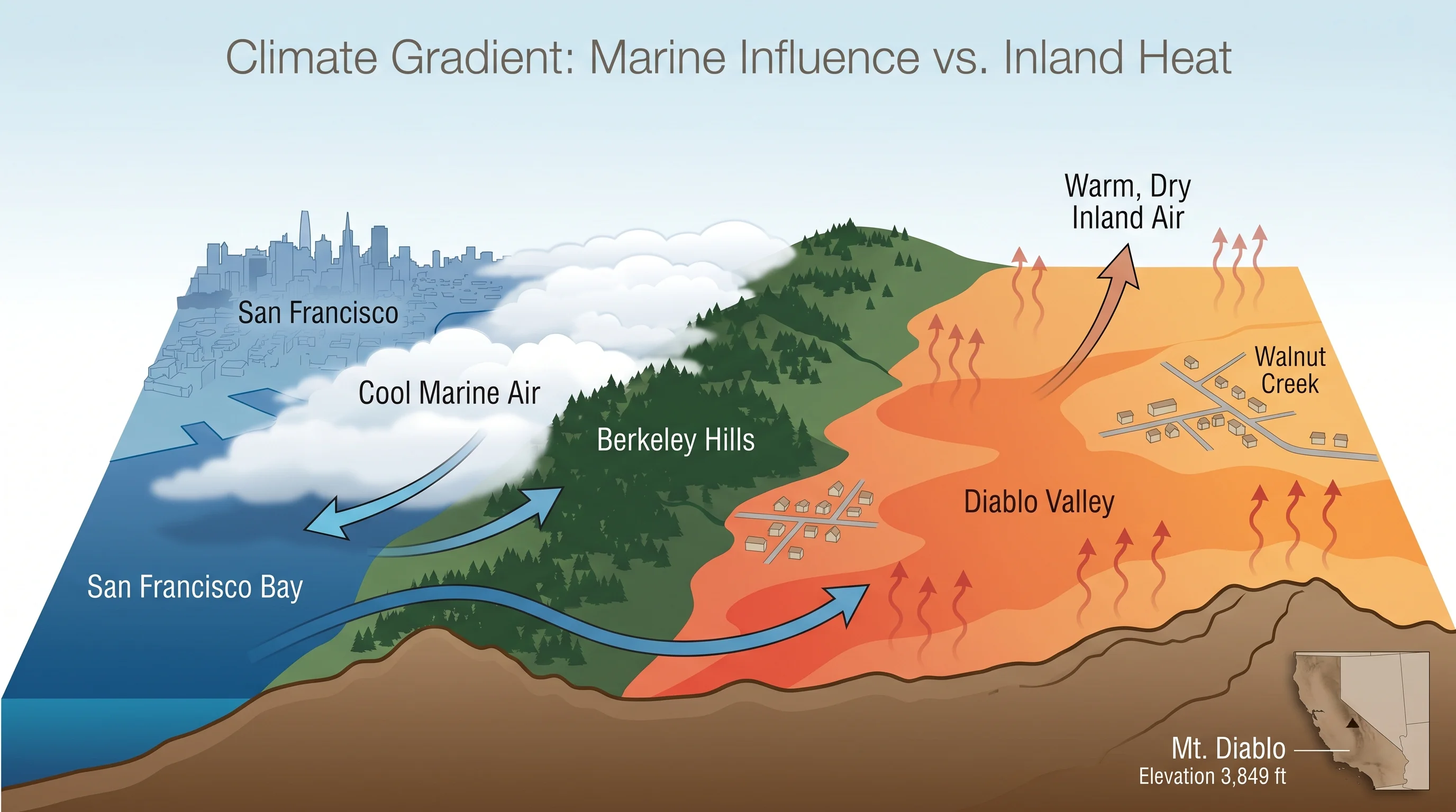 Scientific illustration explaining Walnut Creek Weather: Diablo Valley Heat and Sunshine