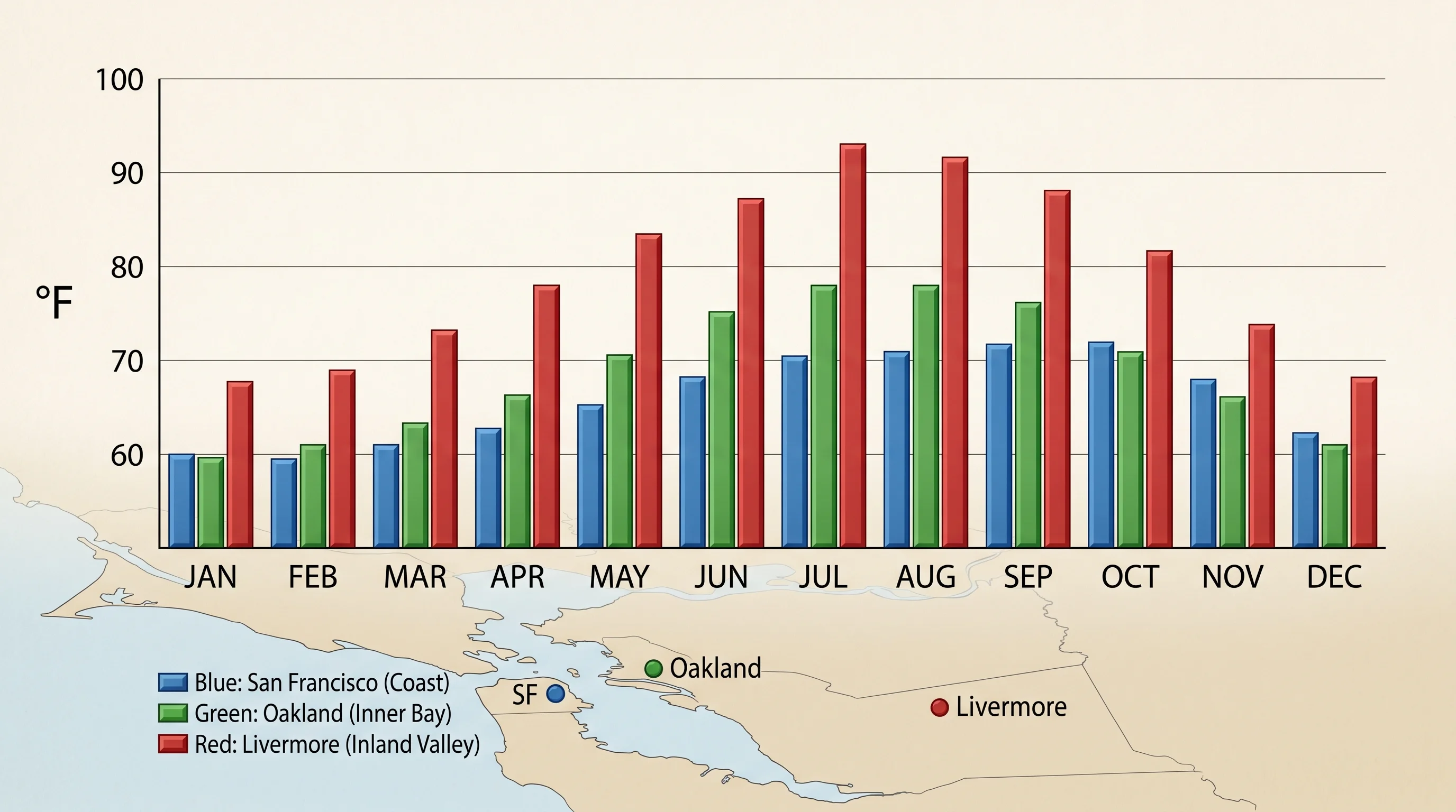 Bay Area temperature comparison chart showing July through October average highs by location: San Francisco peaks in September-October, inland East Bay peaks in July-August, demonstrating the regional variation in warmest month