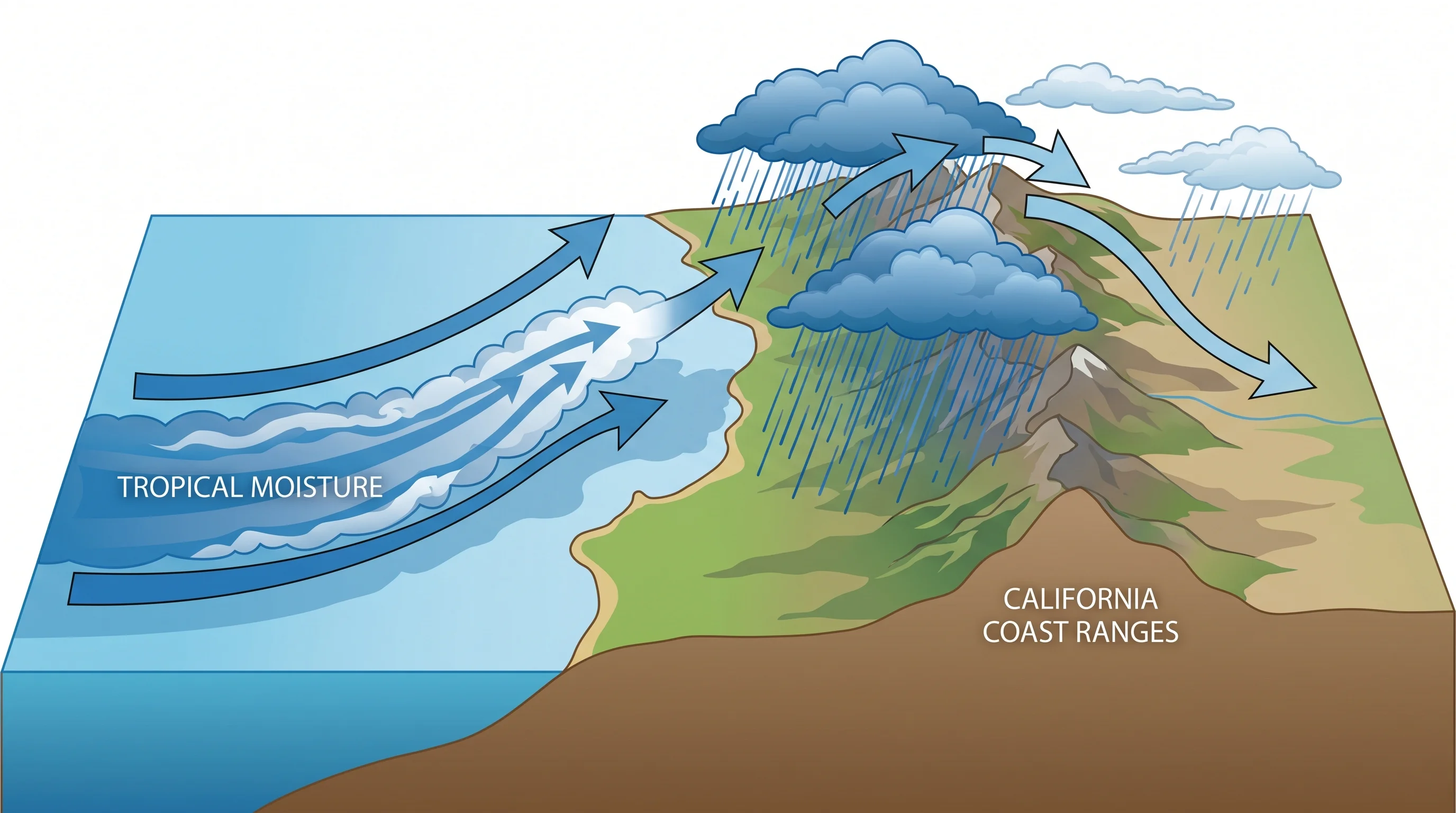 Diagram showing how atmospheric rivers form, transport moisture, and cause rainfall